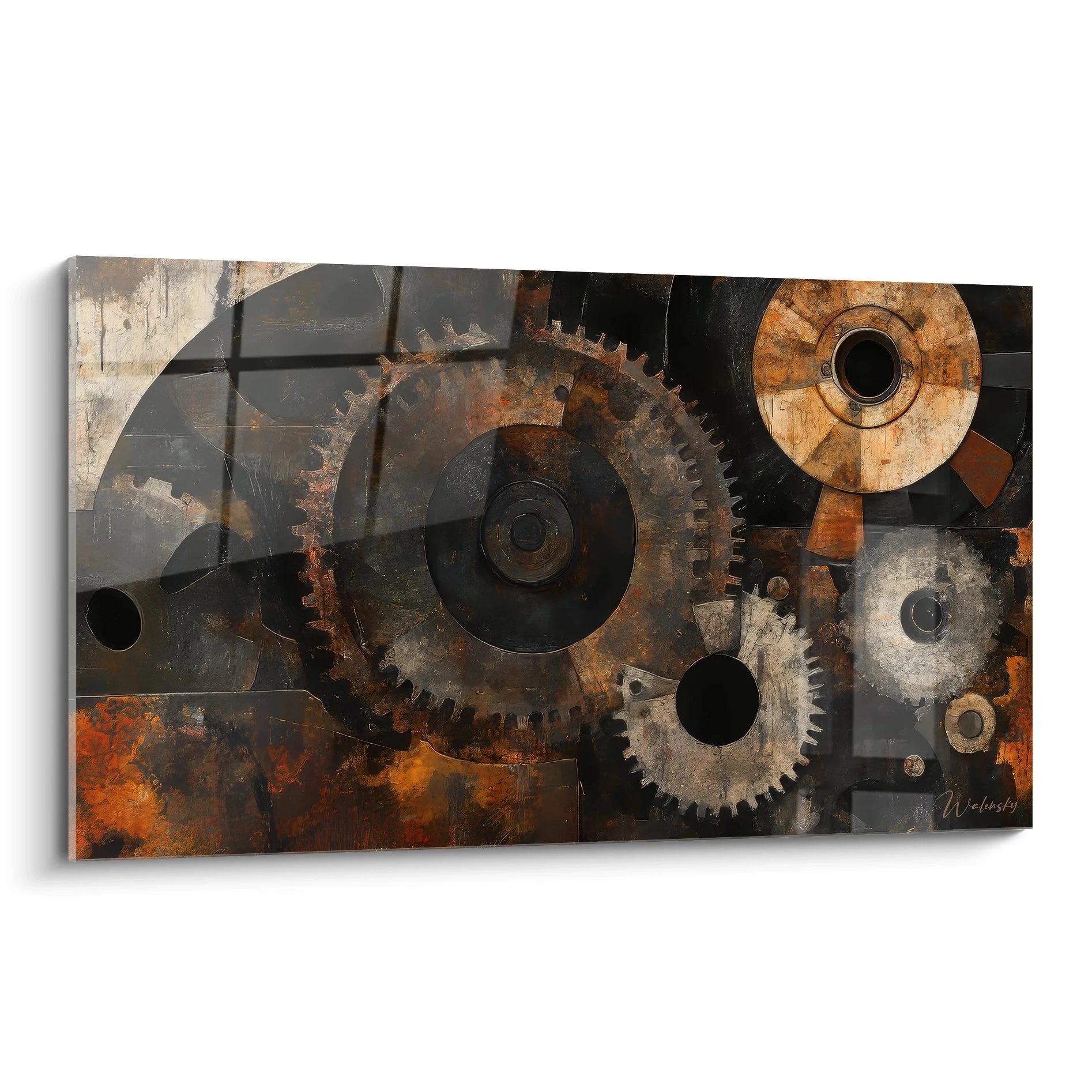 Wandbild mit industriellen Zahnrädern in Rostoptik, mechanische Kunst für moderne Wanddekoration