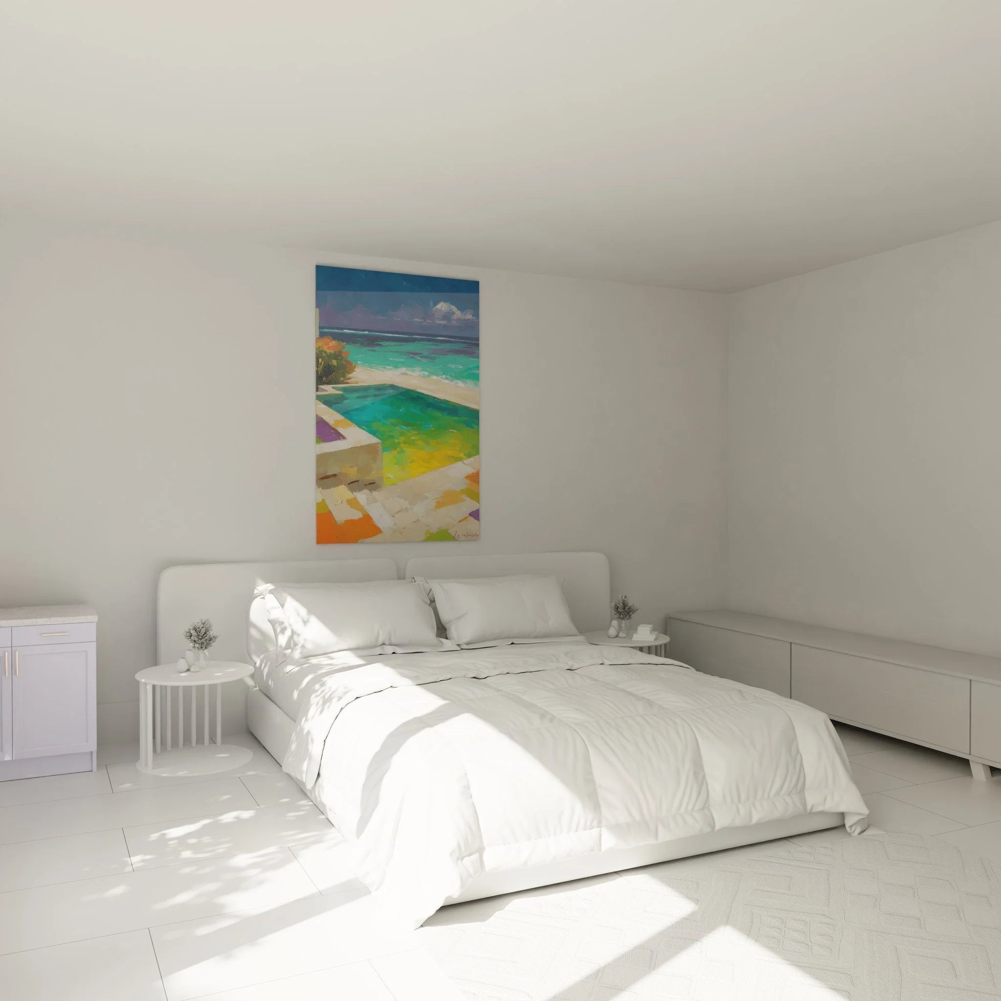 Wandbild Infinity Pool im Schlafzimmer, entspannende Wasserlandschaft über dem Bett