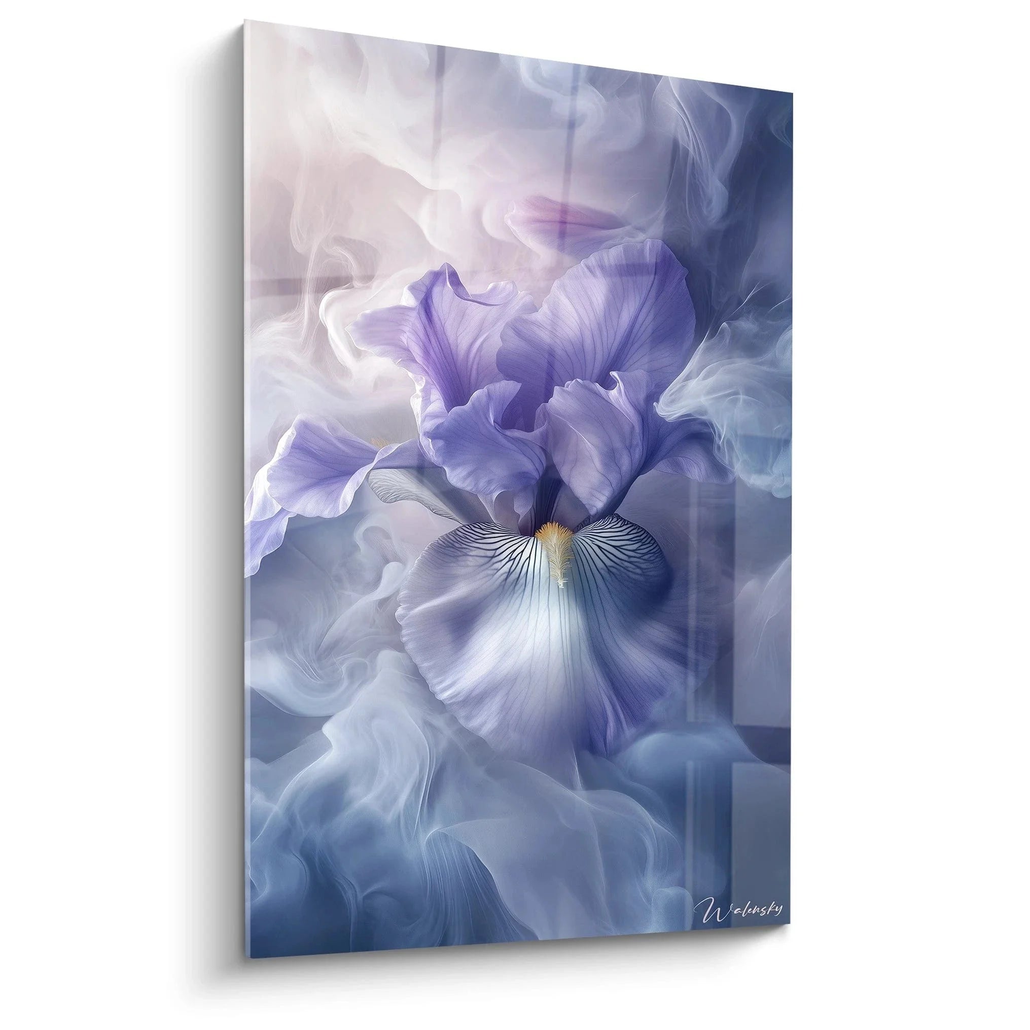 Wandbild mystische Iris Blüte in violetten Tönen mit nebligen Schleiern - Schwertlilie Kunst