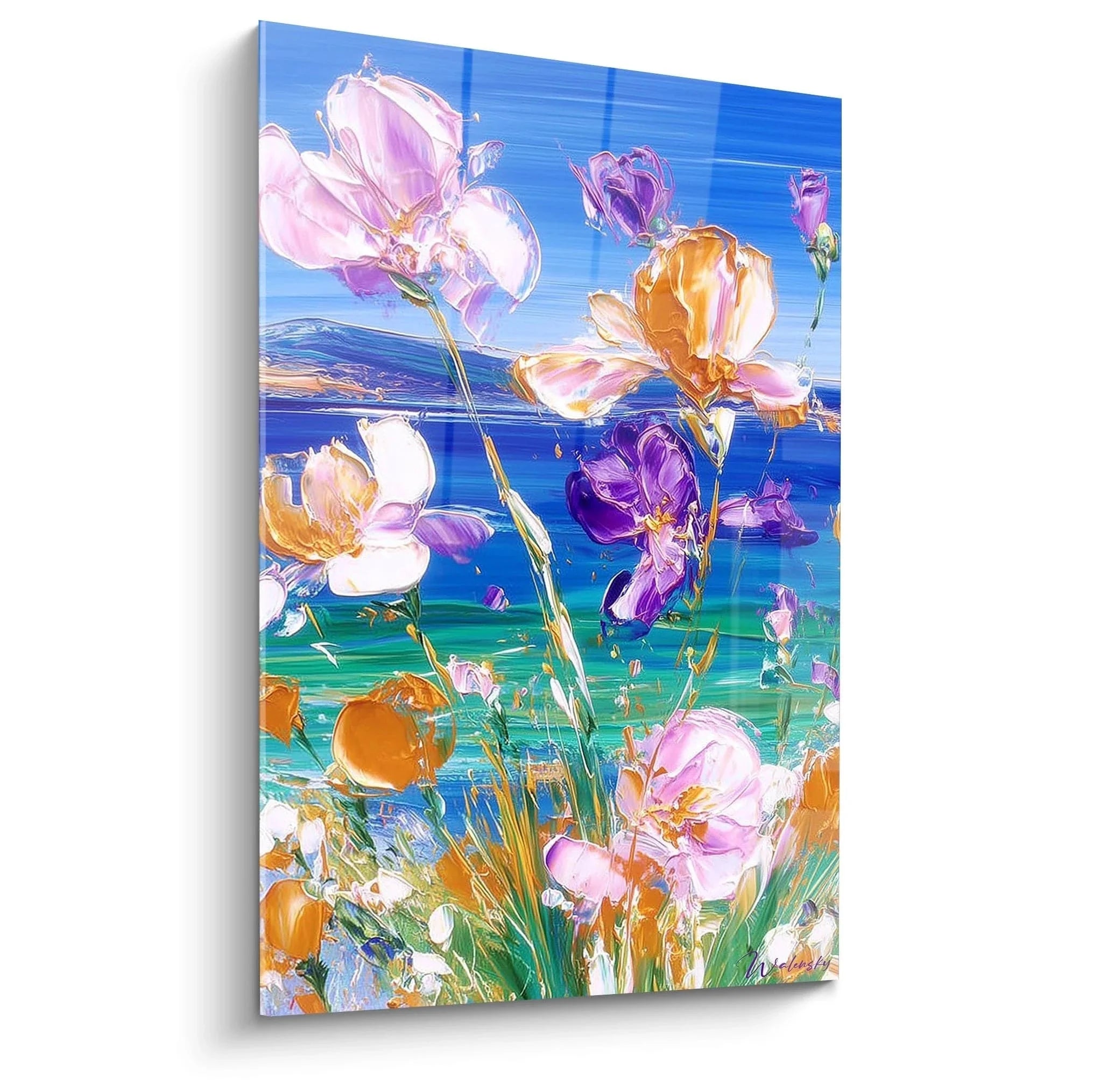 Wandbild Iris Blumen impressionistisch mit Meereslandschaft in violetten und blauen Farbtönen