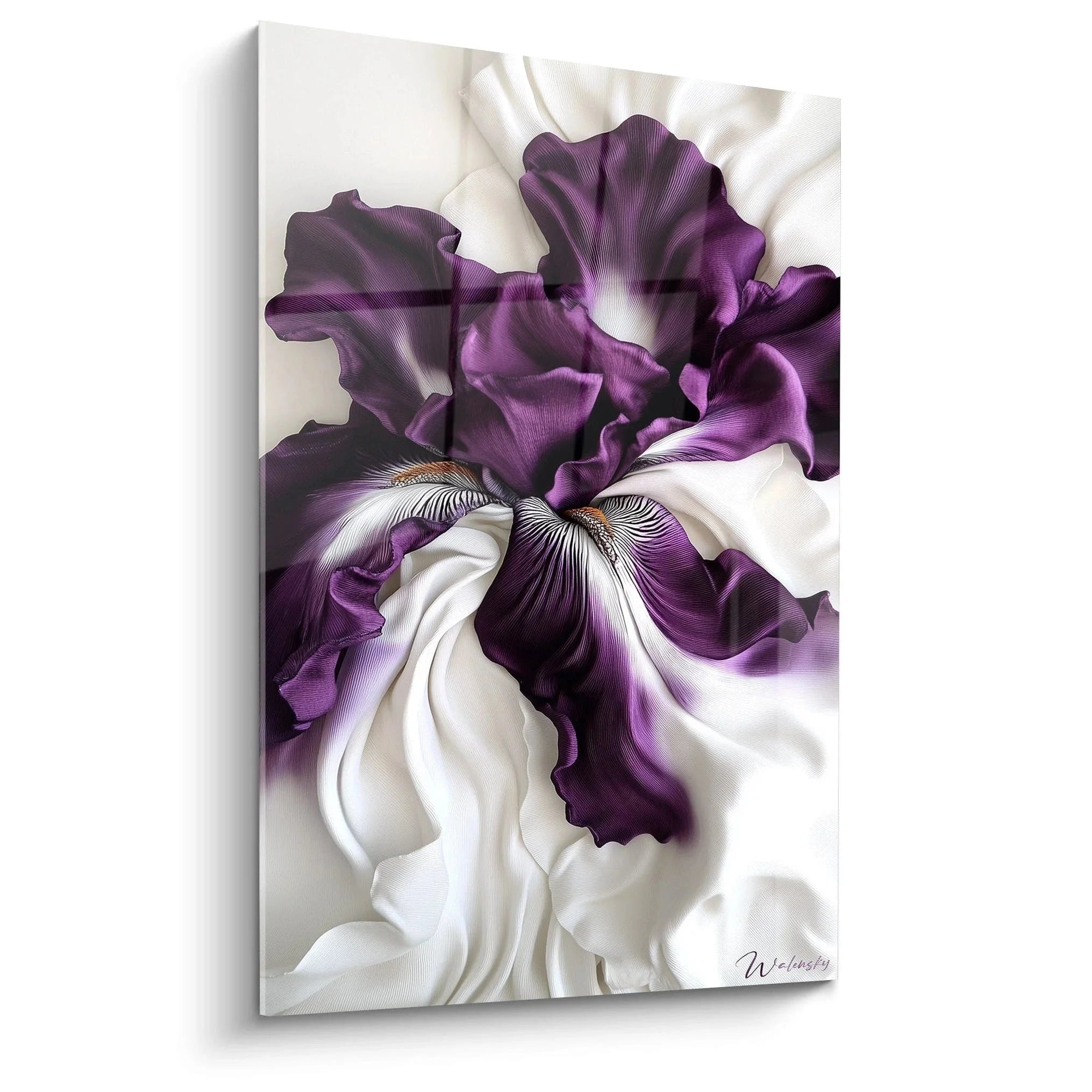 Wandbild Iris lila violett mit weißen Seidenfalten - Elegante Schwertlilie Kunstdruck XXL für Wanddekoration