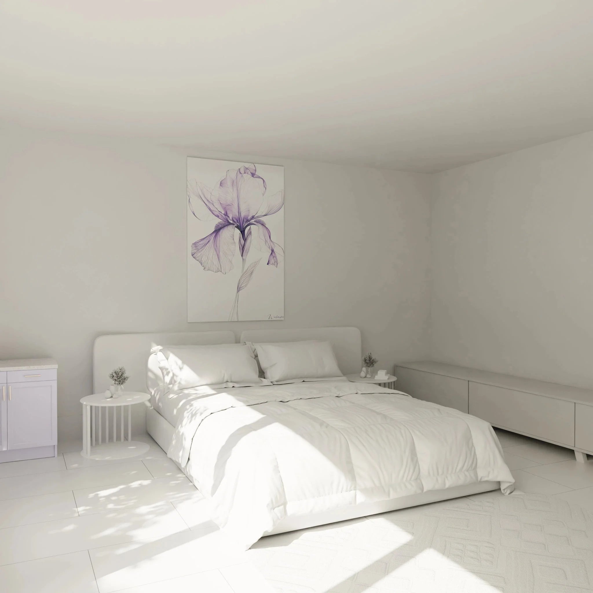 Wandbild Iris lila in elegantem Schlafzimmer als stilvolle Schwertlilie Wanddekoration