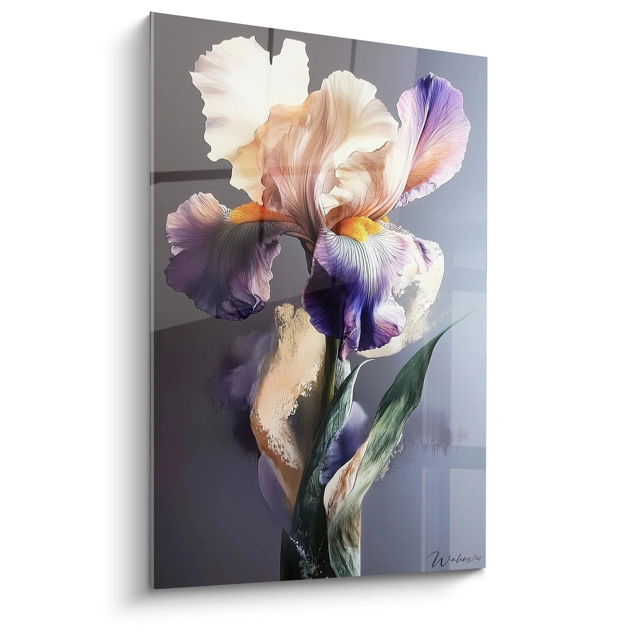 Wandbild Iris violett - botanischer Kunstdruck mit violetten Blütenblättern und grünen Blättern