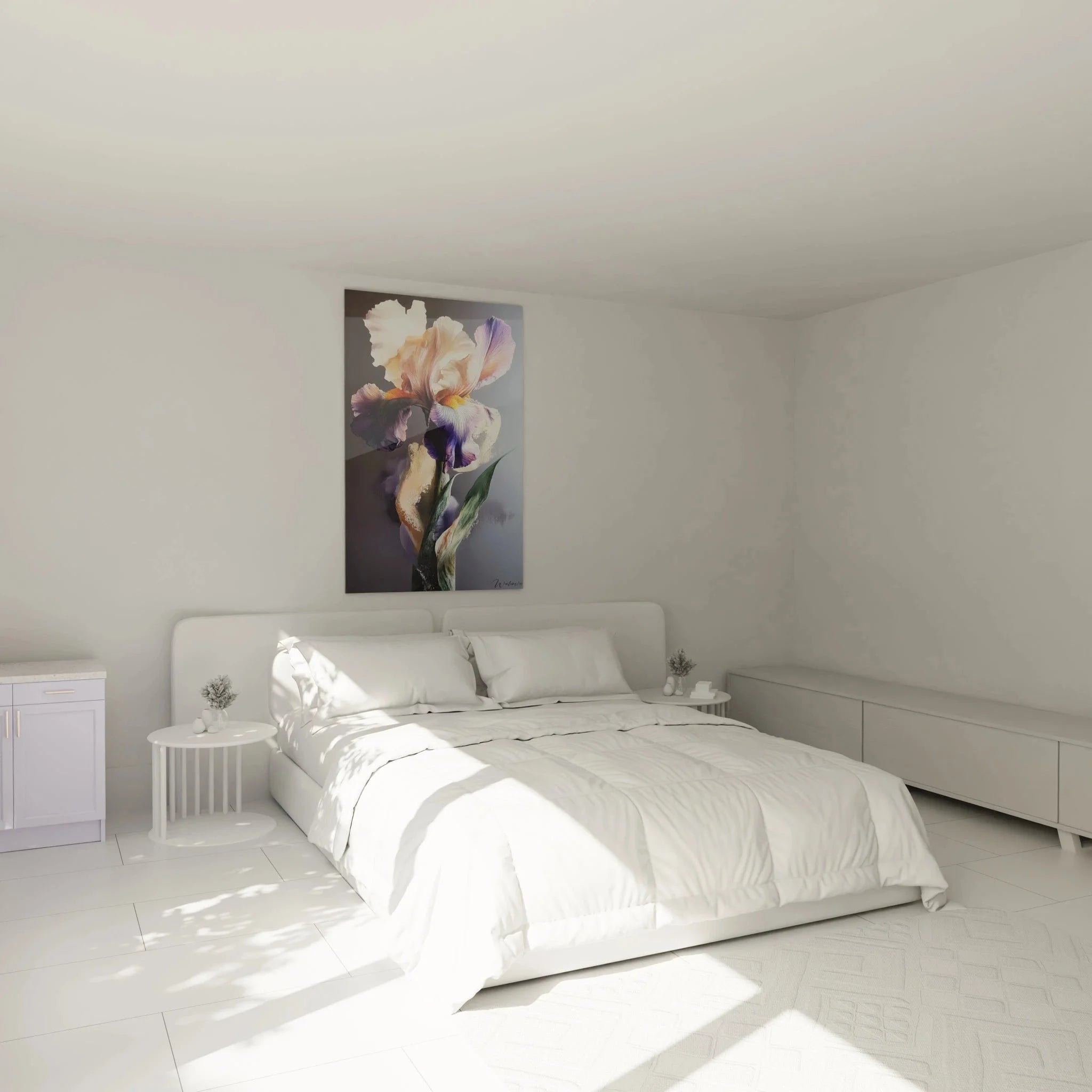 Wandbild Iris violett im Schlafzimmer - moderne botanische Wanddekoration über dem Bett