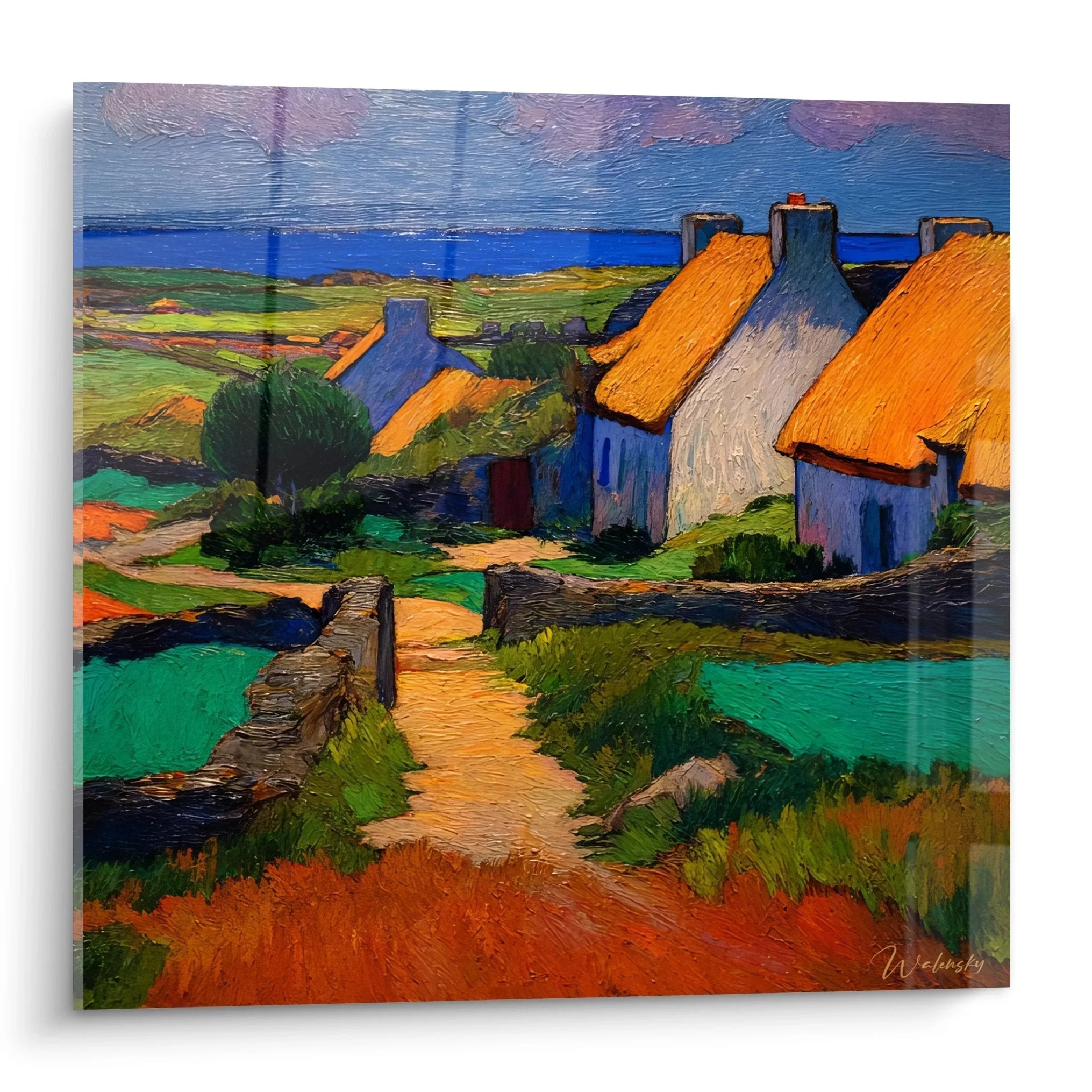 Wandbild irische Cottages mit bunten Landhäusern, Strohdächern und Meeresblick in expressivem Malstil