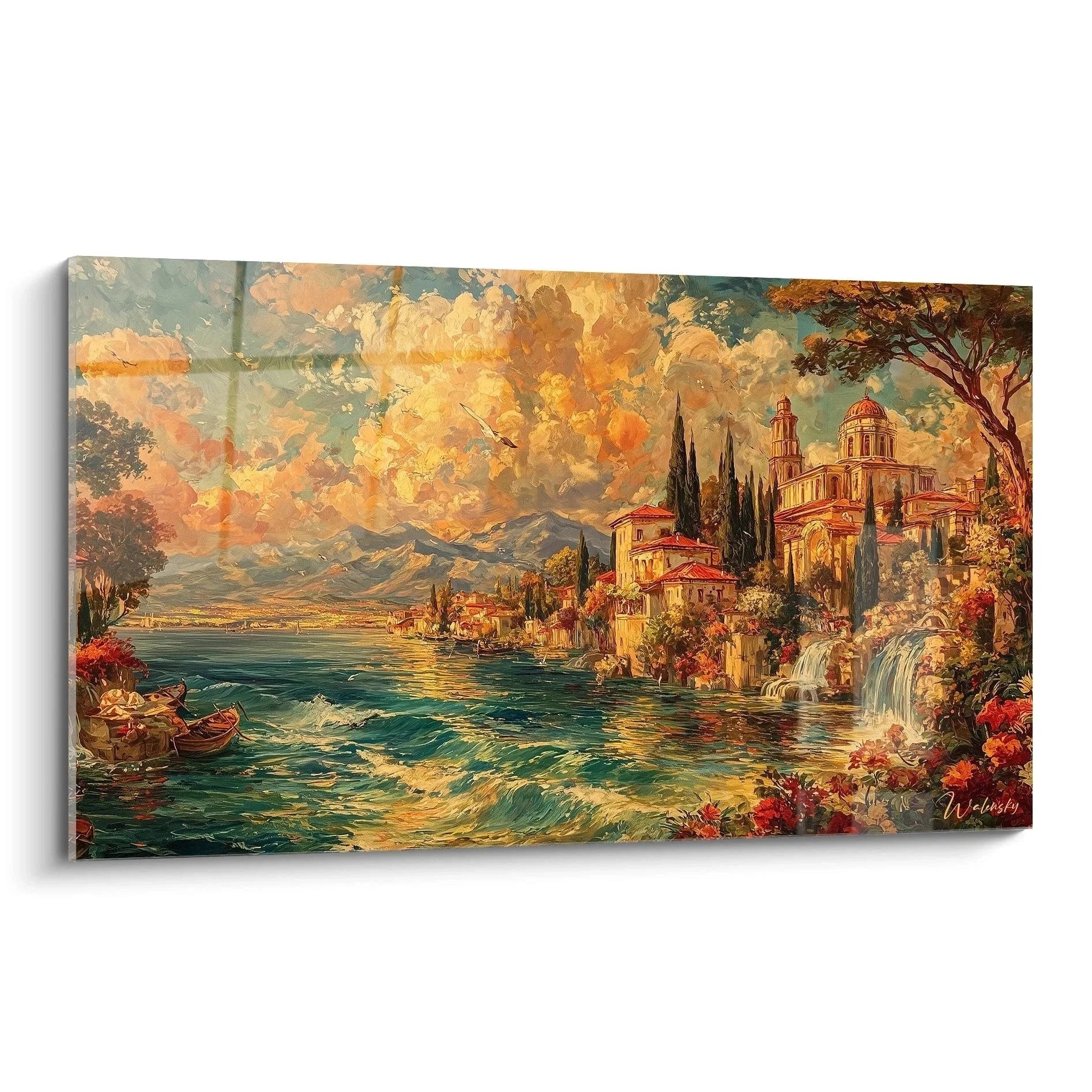 Wandbild italienische Küstenlandschaft mit Kirche und Kuppeln im Renaissance-Stil, mediterrane Architektur