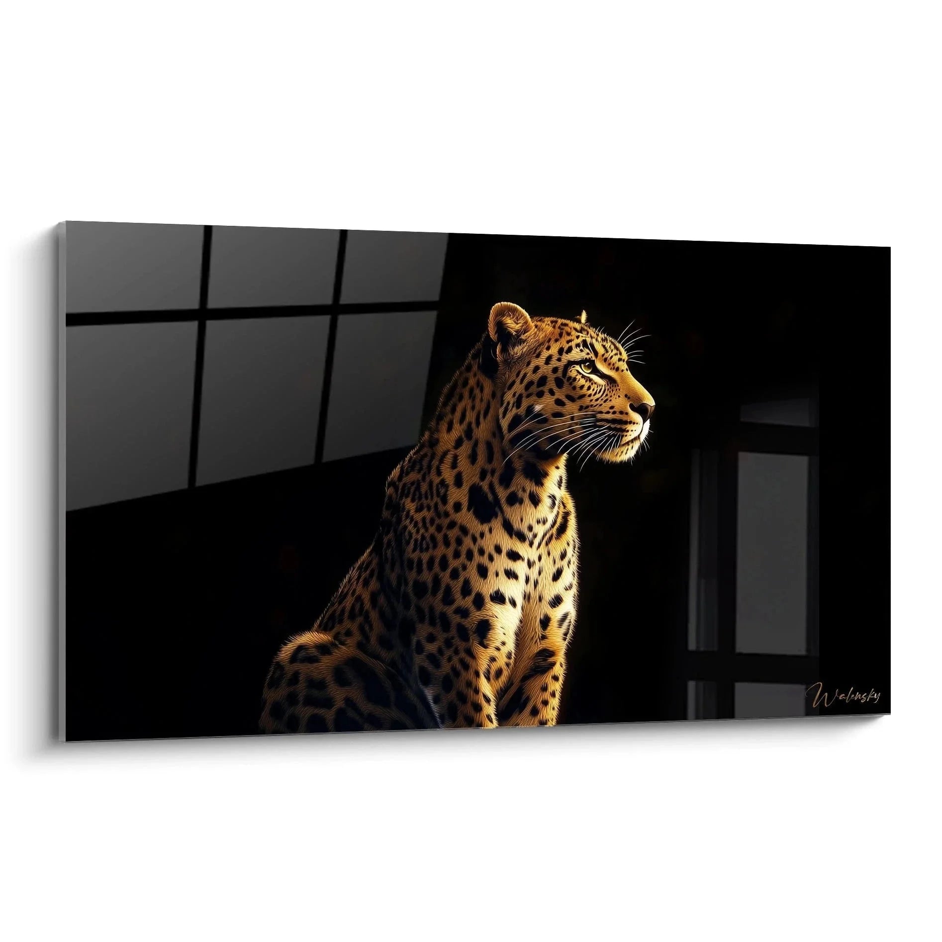 Wandbild Jaguar im Dunkeln mit majestätischem Blick und goldenem Fleckenmuster