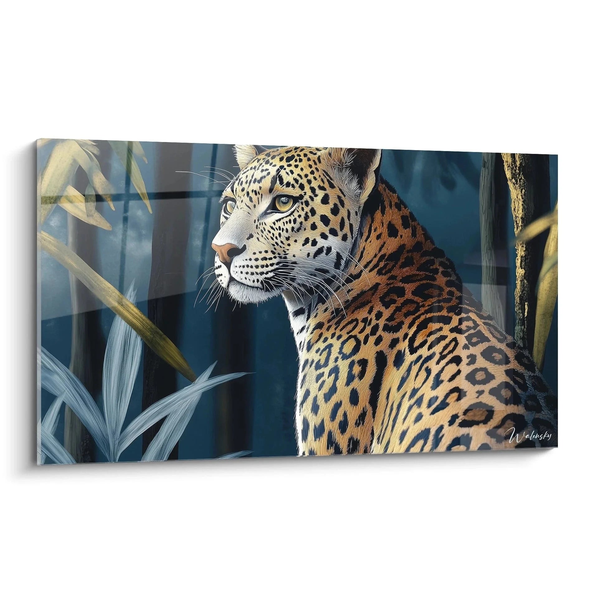 Wandbild Jaguar Portrait zeigt majestätische Raubkatze mit Rosettenmuster im tropischen Dschungel
