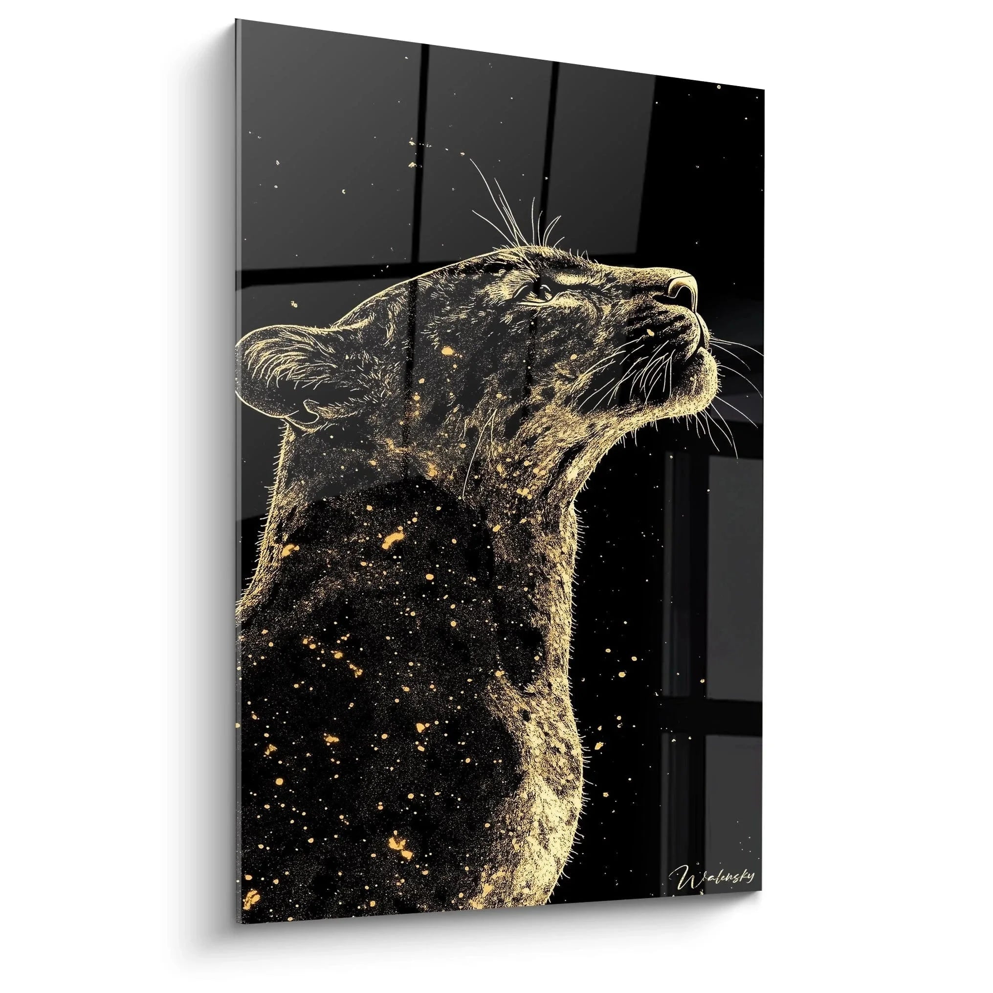 Wandbild Jaguar blickt nach oben mit goldenen Sternen auf schwarzem Hintergrund - Edition Jaguar Wandkunst