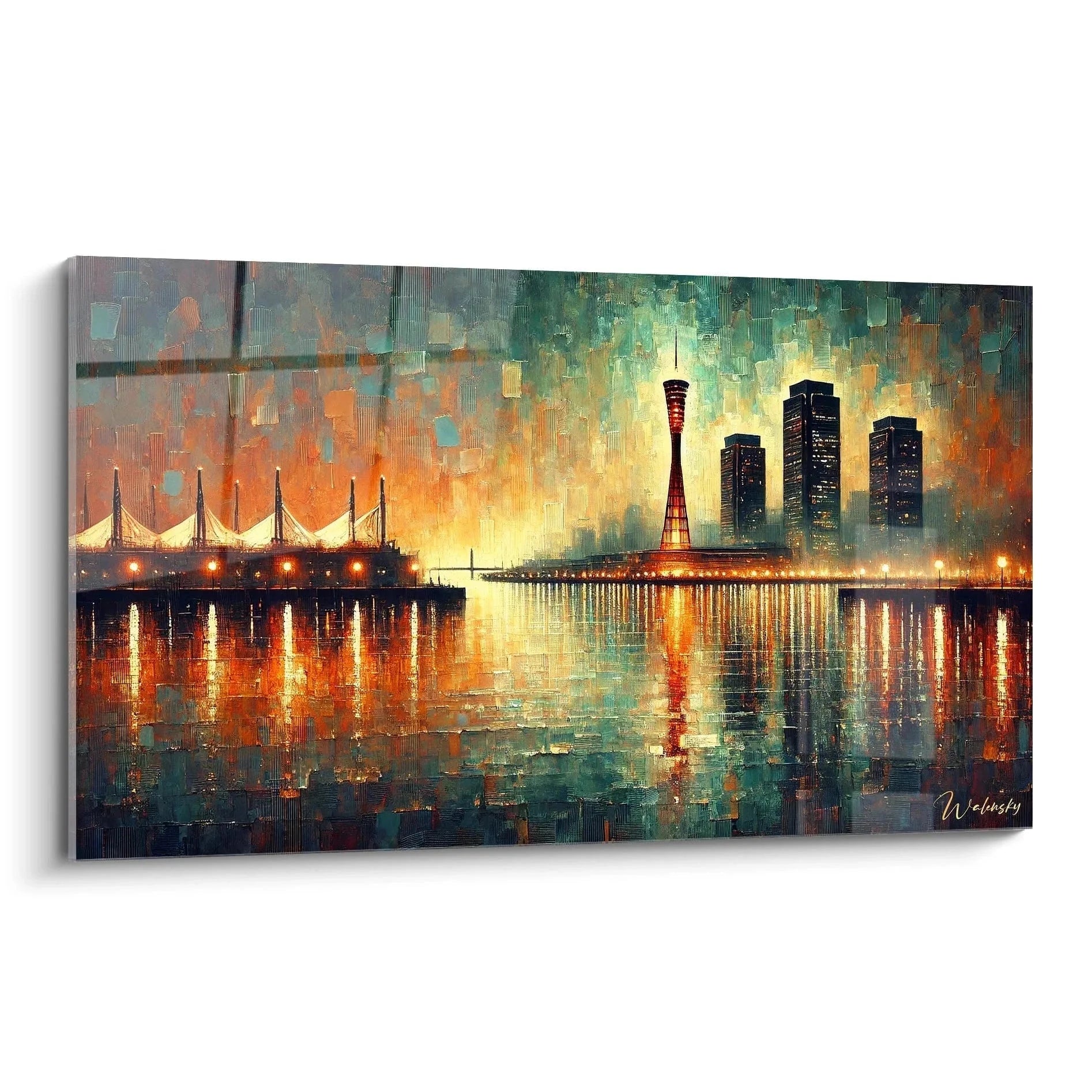 Wandbild Japan Kobe Skyline bei Nacht mit Port Tower und modernen Wolkenkratzern, Reflexionen auf Wasser