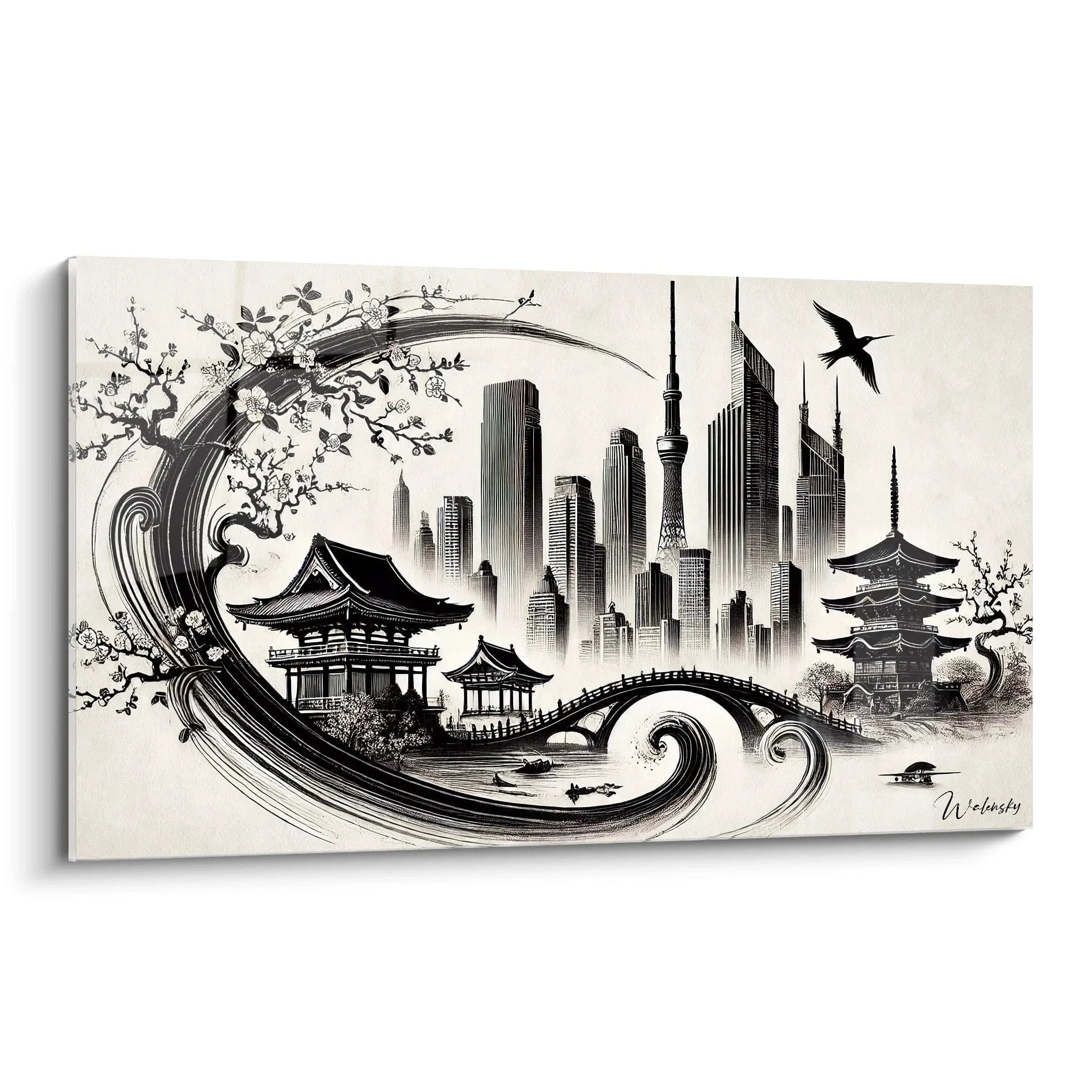 Wandbild Japan Tokio Skyline mit Pagoden und modernen Wolkenkratzern in Schwarz-Weiß