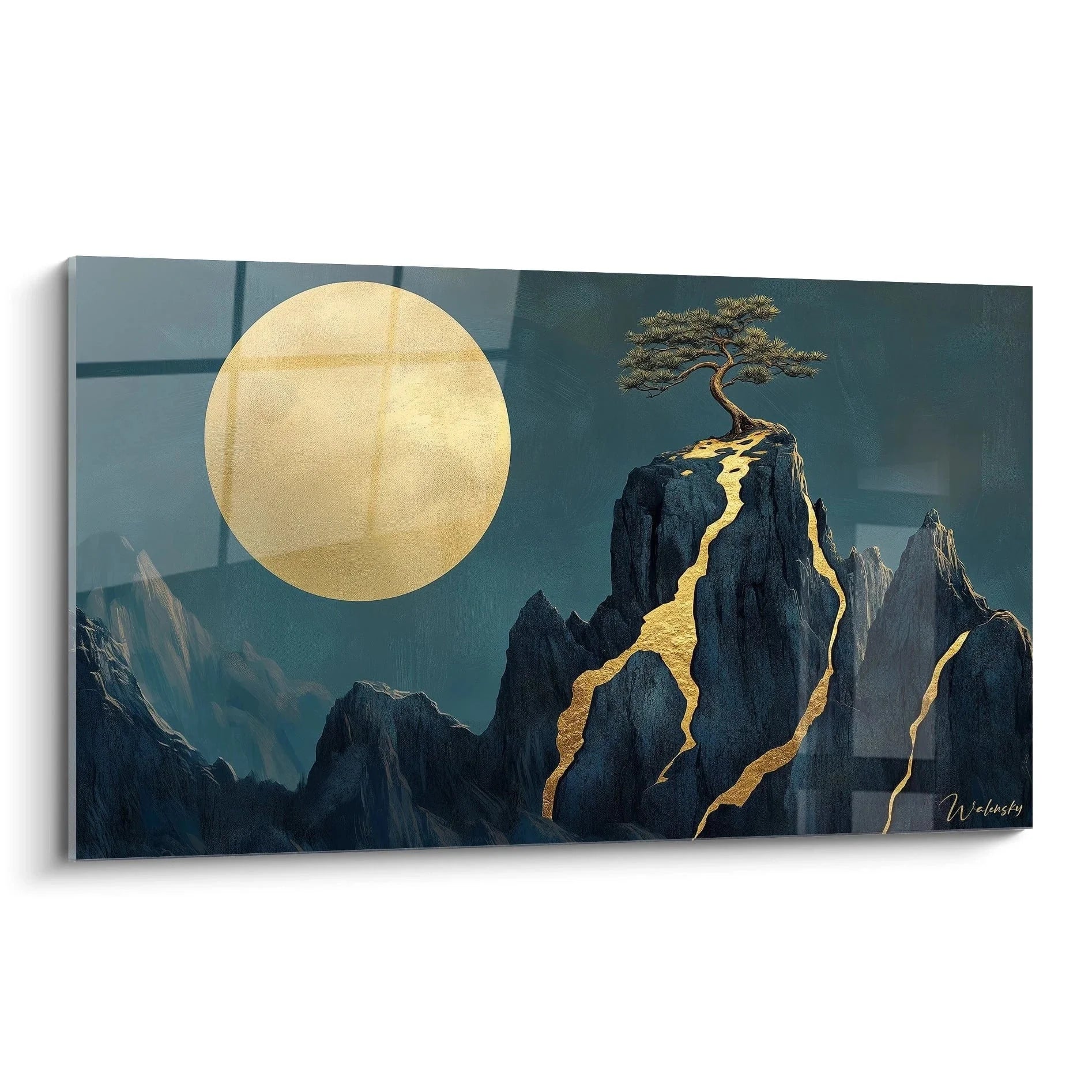 Wandbild Japanisch Berglandschaft mit Bonsai-Baum, goldener Mond über dramatischen Felsen in Blau-Gold