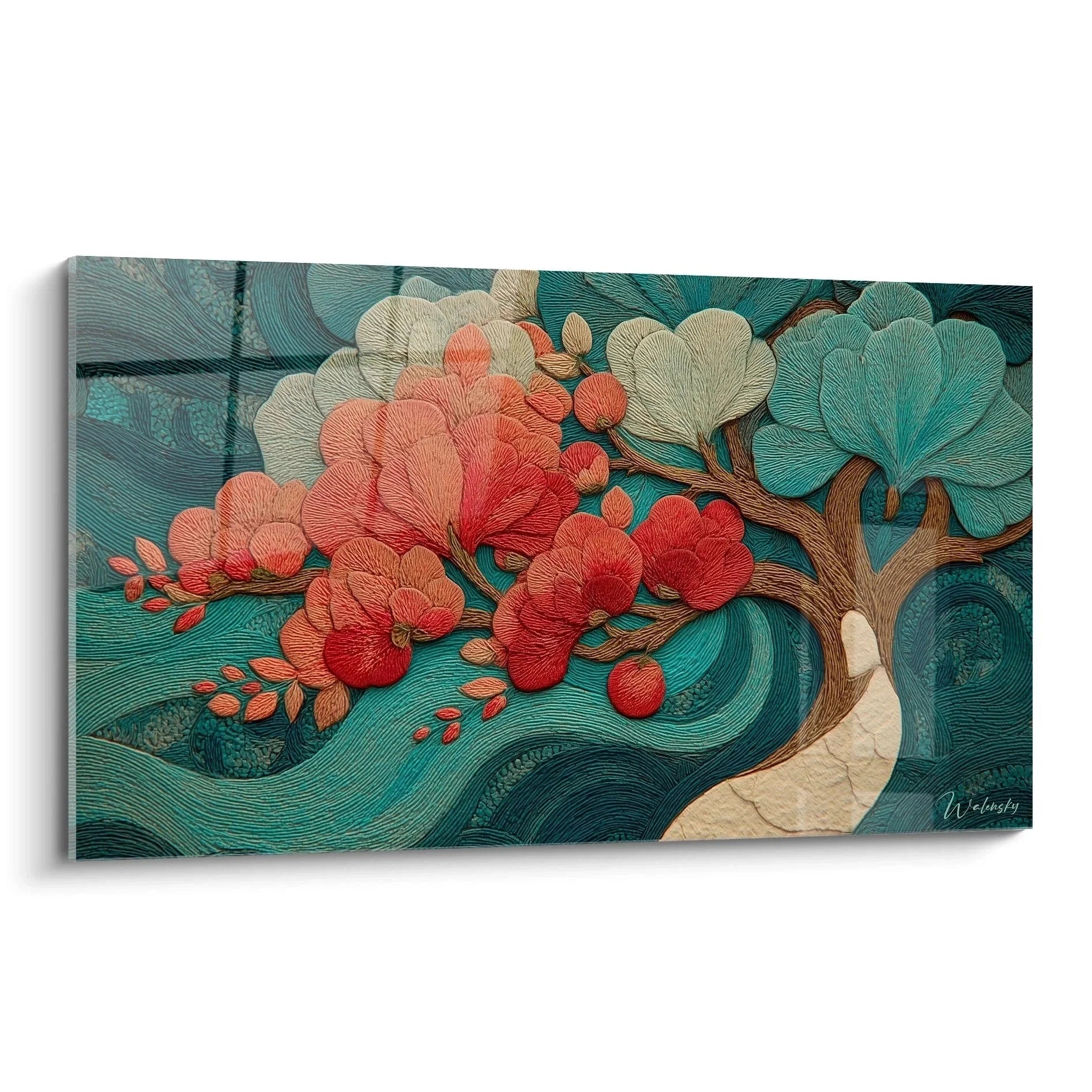 Wandbild japanische Blüten Jugendstil mit roten Orchideen und türkisen Ornamenten Premium Qualität