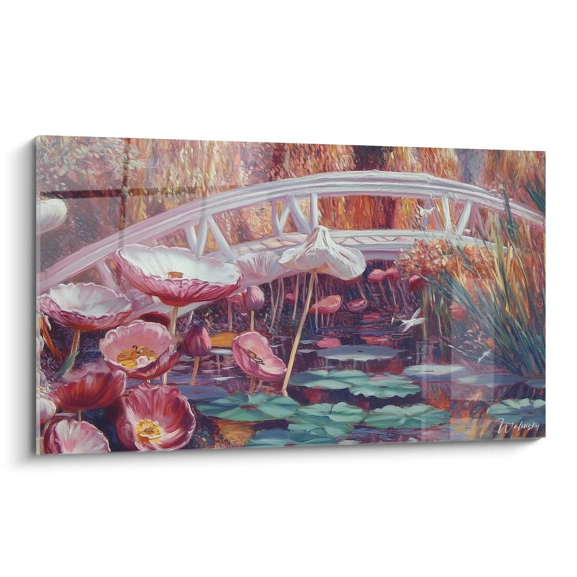 Wandbild japanische Brücke mit rosa Seerosen im impressionistischen Stil Claude Monet Edition Gartenlandschaft