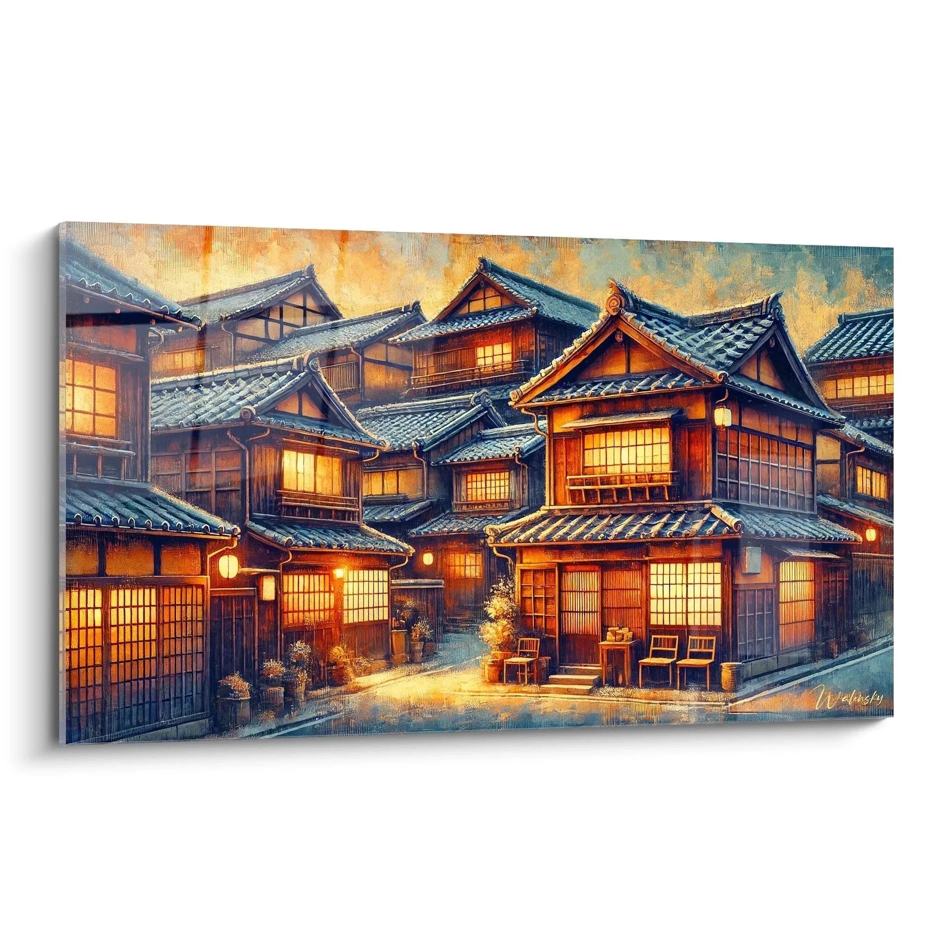 Wandbild traditionelle japanische Häuser in Kyoto mit warmer Abendbeleuchtung und authentischer Architektur