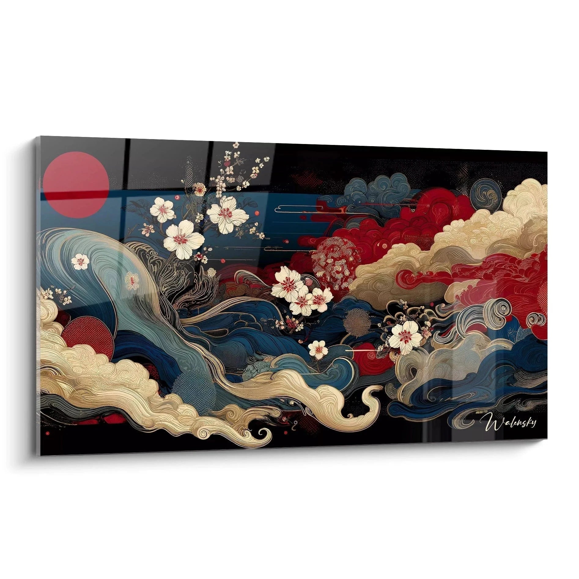 Wandbild japanische Kirschblüten mit goldenen Wolken und rotem Mond - Edition Japanisch