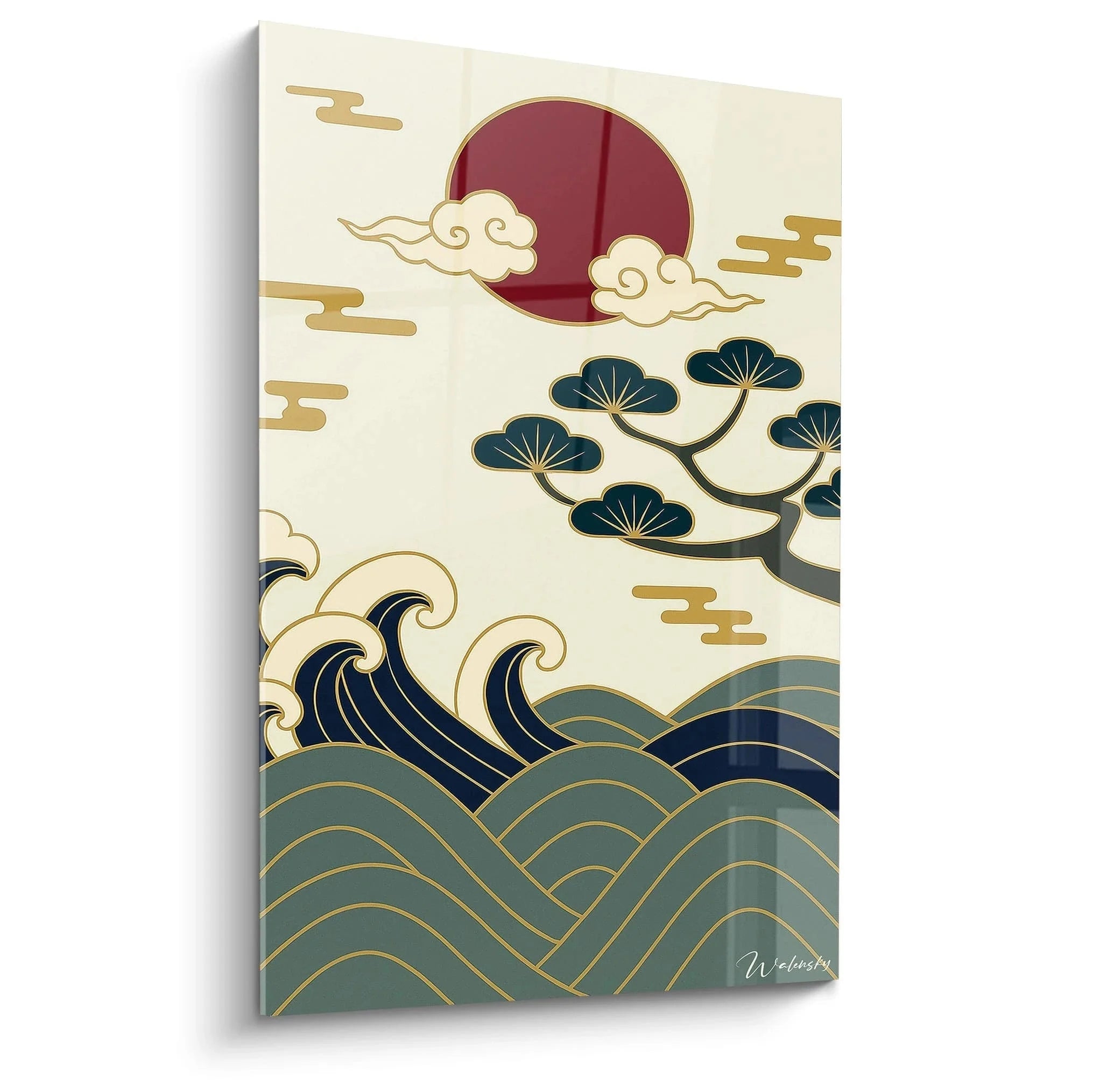 Wandbild japanische Landschaft mit roter Sonne, blauen Wellen und Kiefernzweig im traditionellen Stil