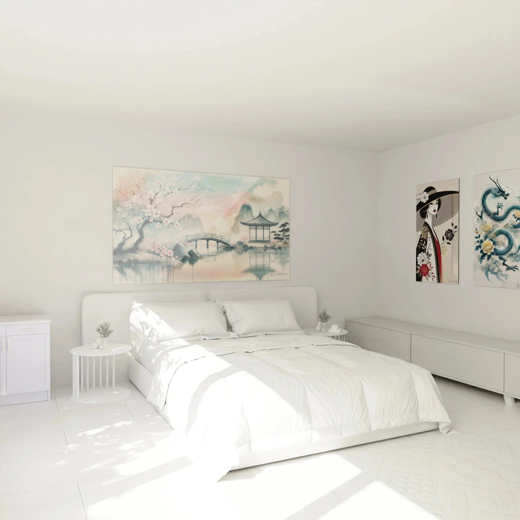 Wandbild japanische Pagode mit Kirschblüten in modernem Schlafzimmer als Wanddekoration