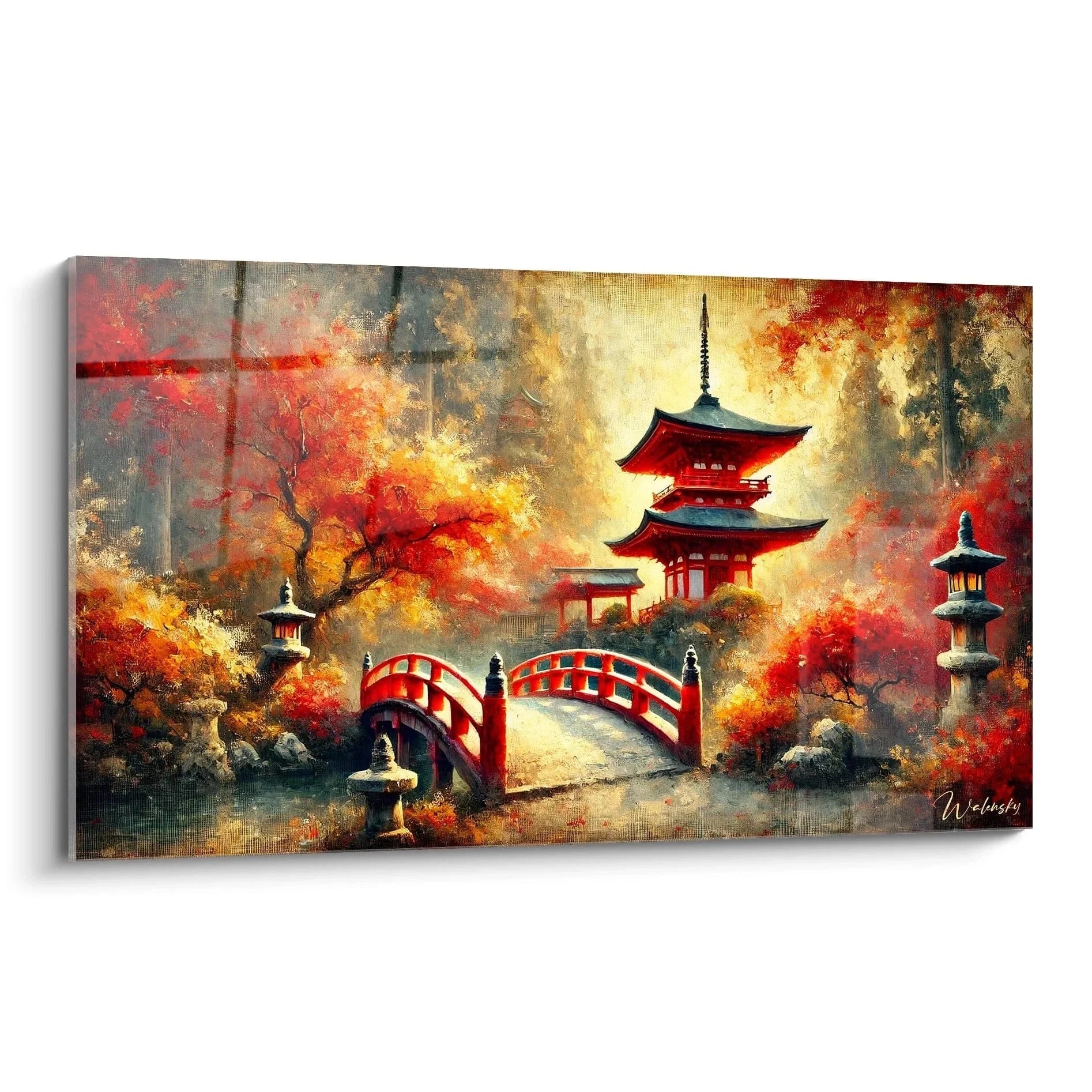 Wandbild japanischer Tempel mit roter Pagode und Brücke im Herbst - Edition Japan Kunstdruck XXL