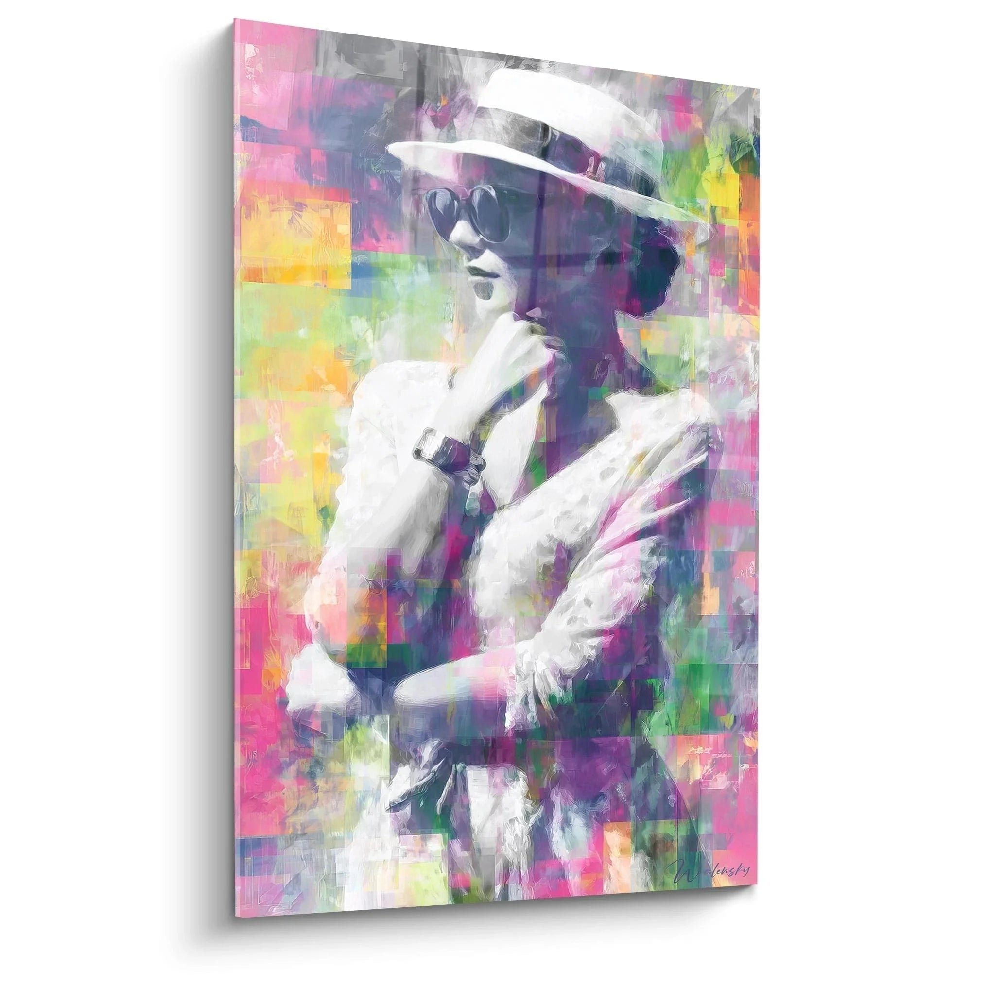 Wandbild Jazz Musiker mit Hut und Sonnenbrille in bunten Retro Farben, Vintage Mode Kunstwerk