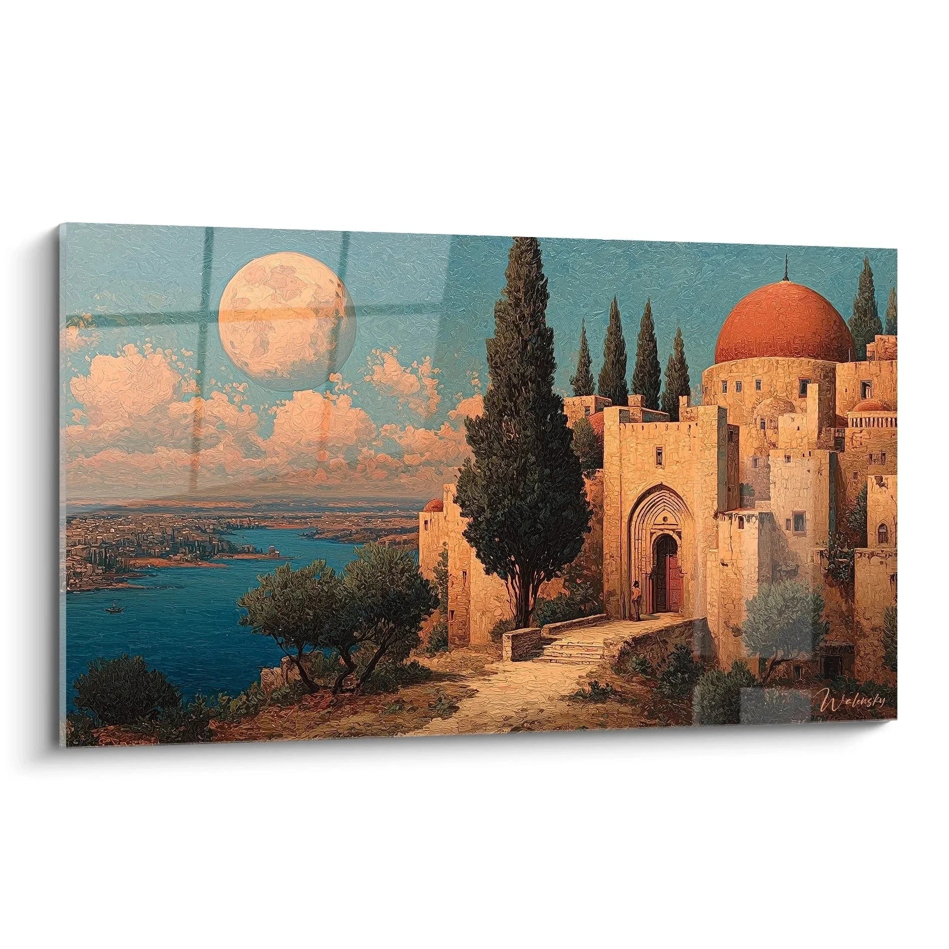 Wandbild orientalische Stadt Jerusalem bei Mondschein mit roter Kuppel und Zypressen Edition Orientalismus