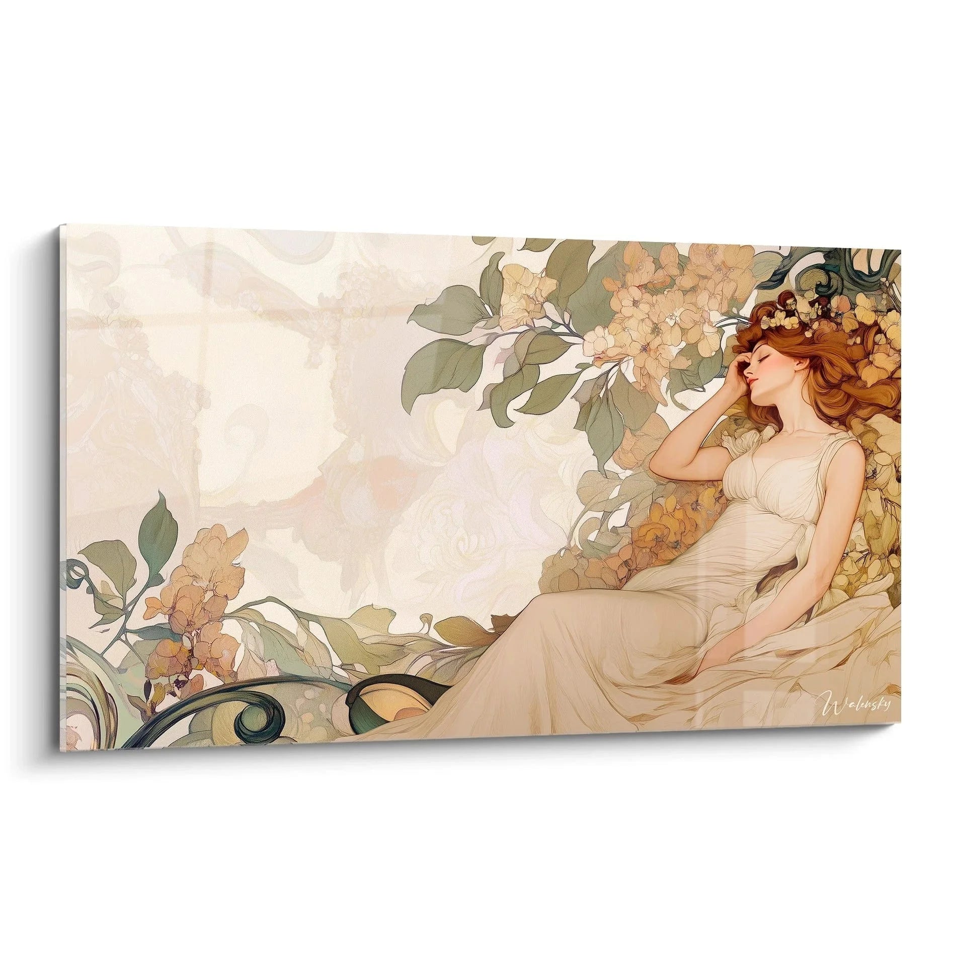 Wandbild Jugendstil Frau mit Blumen in cremefarbenem Kleid, Art Nouveau Stil, elegante Wanddekoration