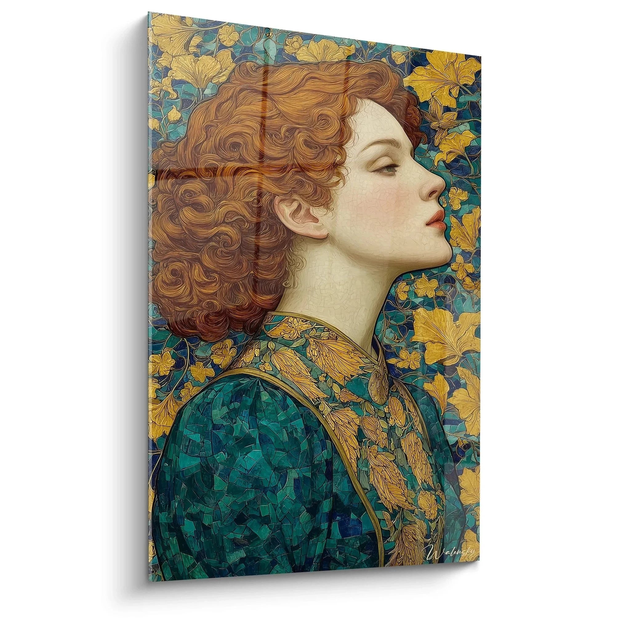 Wandbild Jugendstil Frau mit kupferfarbenen Locken und goldenen floralen Motiven im Art Nouveau Stil