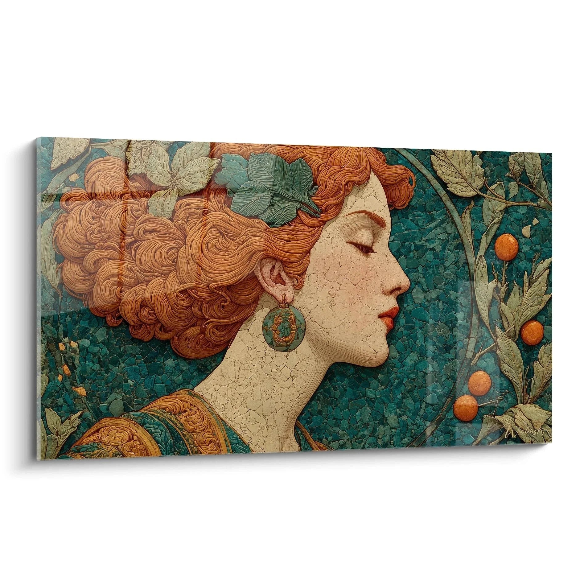 Wandbild Jugendstil Frau mit roten Haaren im Art Nouveau Stil, elegante Premium Wanddekoration mit floralen Elementen