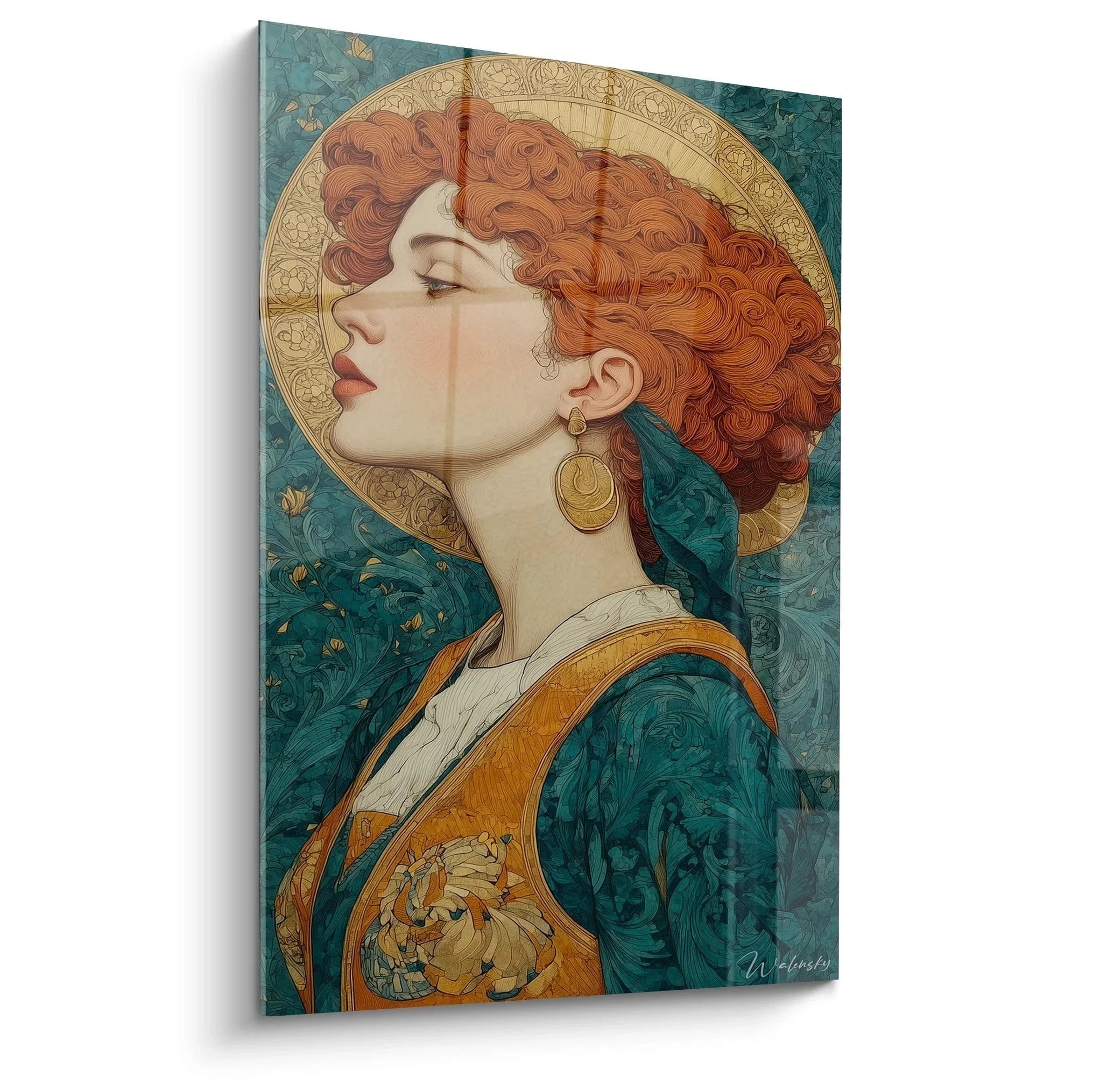 Wandbild Jugendstil elegant Frau Profil rotes lockiges Haar türkis Gold Kunstdruck Art Nouveau