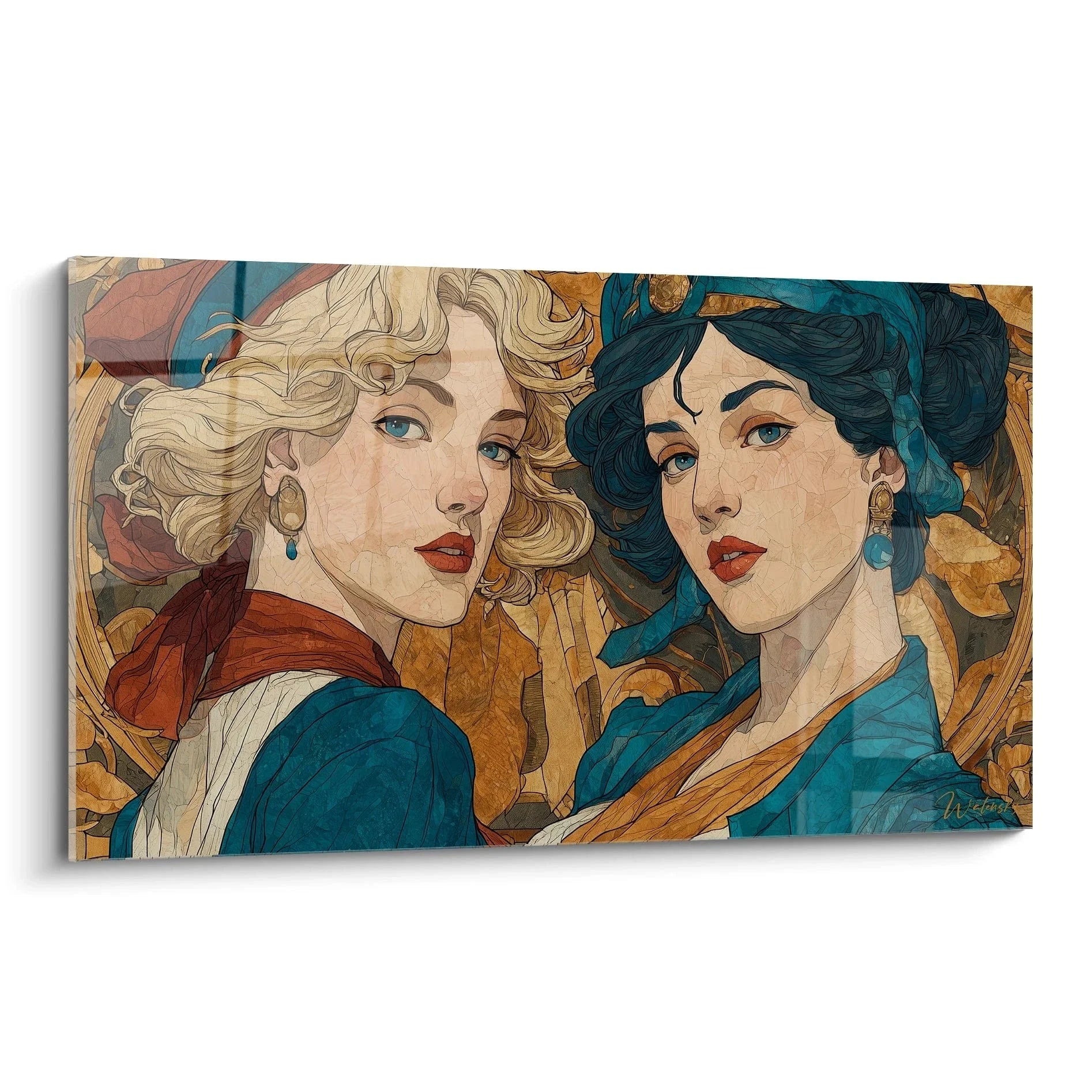 Wandbild Jugendstil zwei elegante Frauen Art Nouveau Stil mit ornamentalem Hintergrund hochwertige Wandkunst