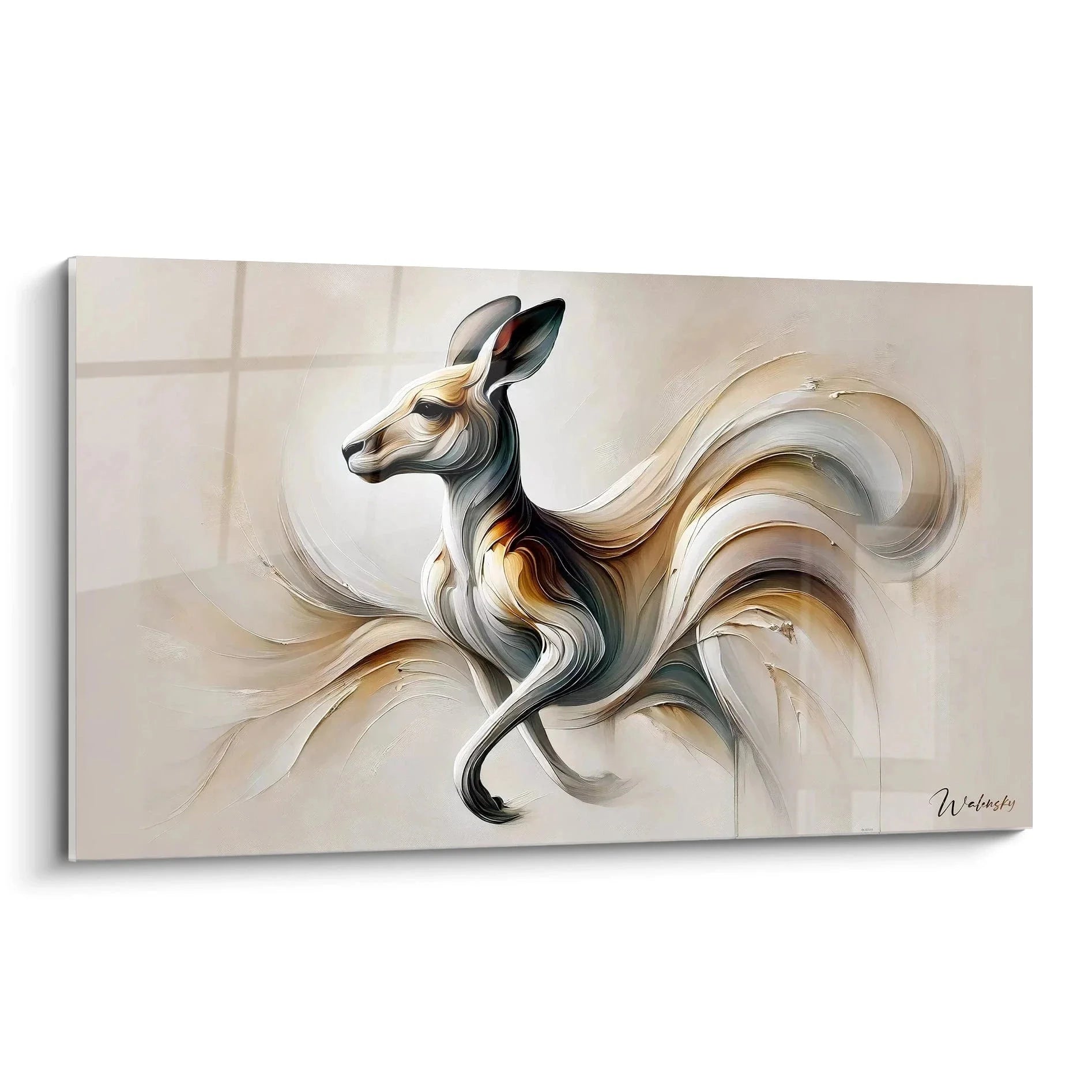 Abstraktes Wandbild Känguru in fließenden Erdtönen mit dynamischer Sprungbewegung - moderne Tierkunst