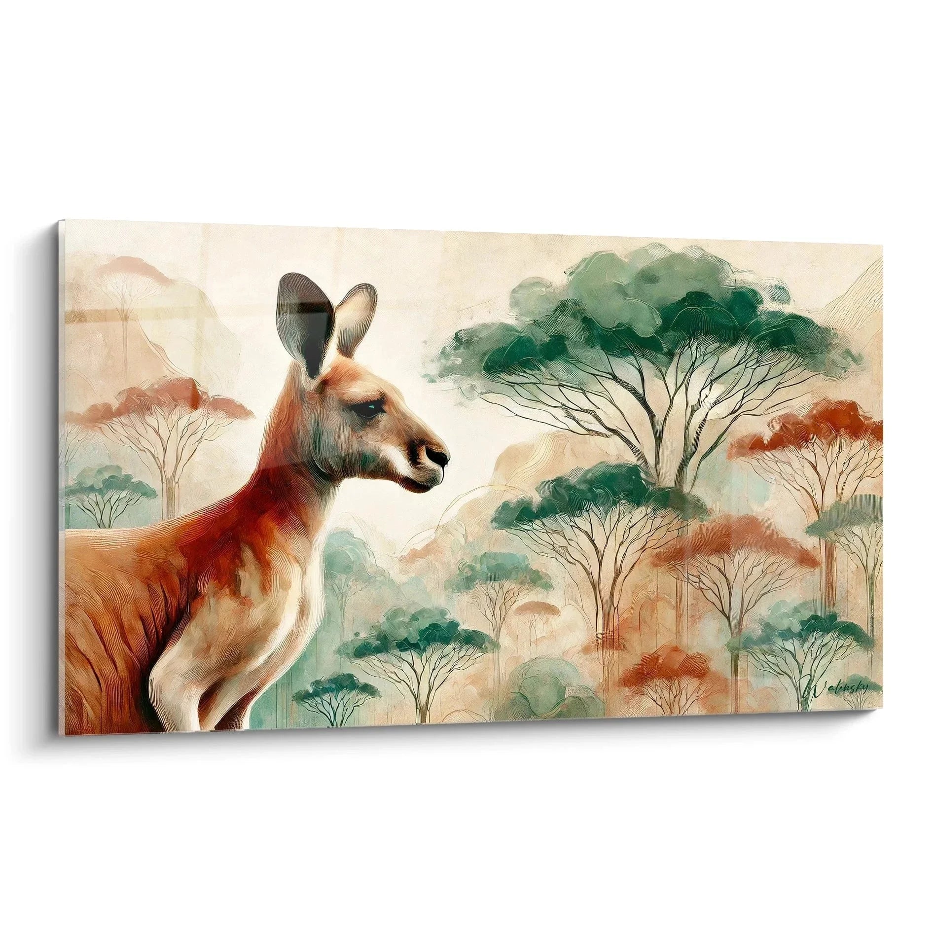 Wandbild Känguru in Aquarell-Stil mit australischer Landschaft und Akazienbäumen