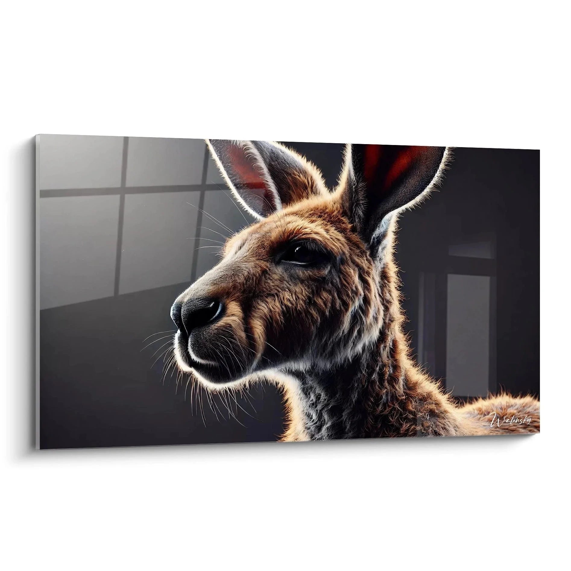 Wandbild Känguru Porträt mit detailreichem Fell in warmen Brauntönen vor dunklem Hintergrund