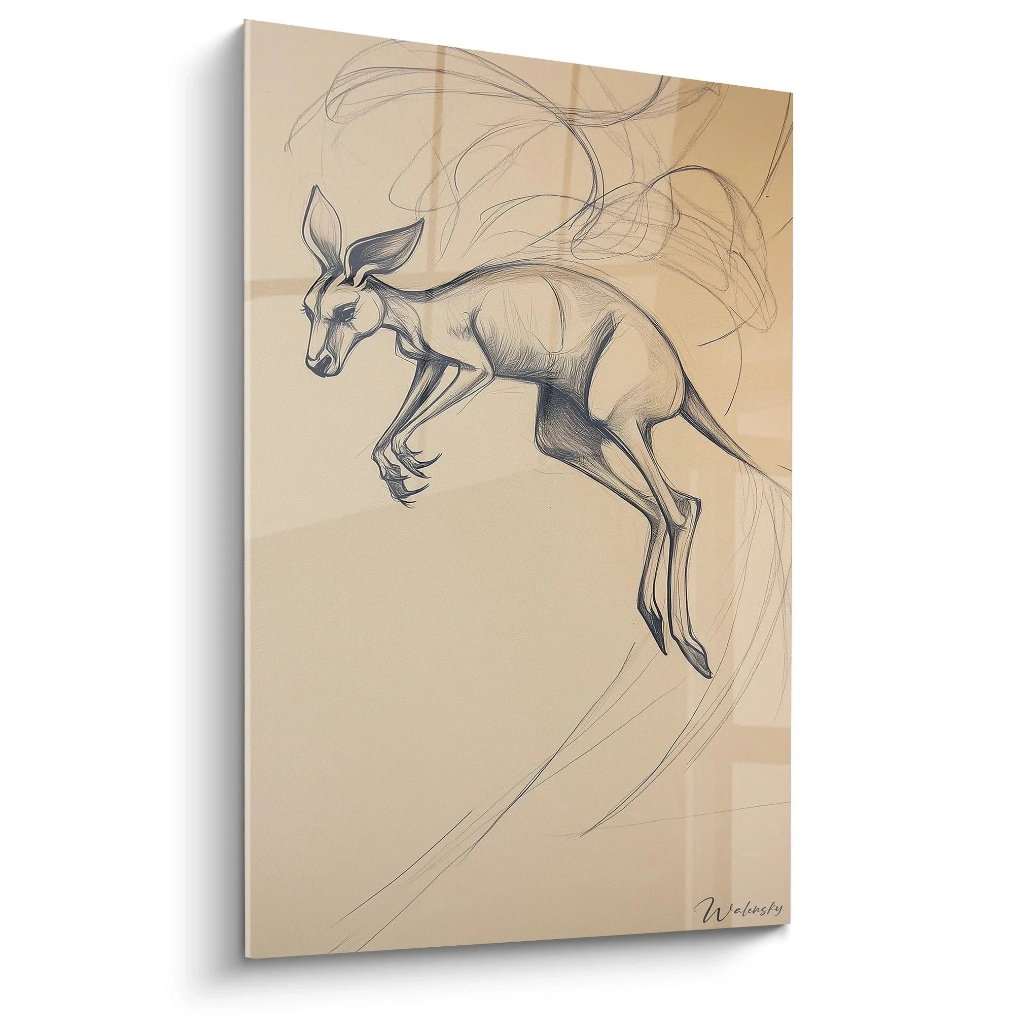 Wandbild Känguru springend in künstlerischer Bleistiftzeichnung auf warmem beigem Hintergrund