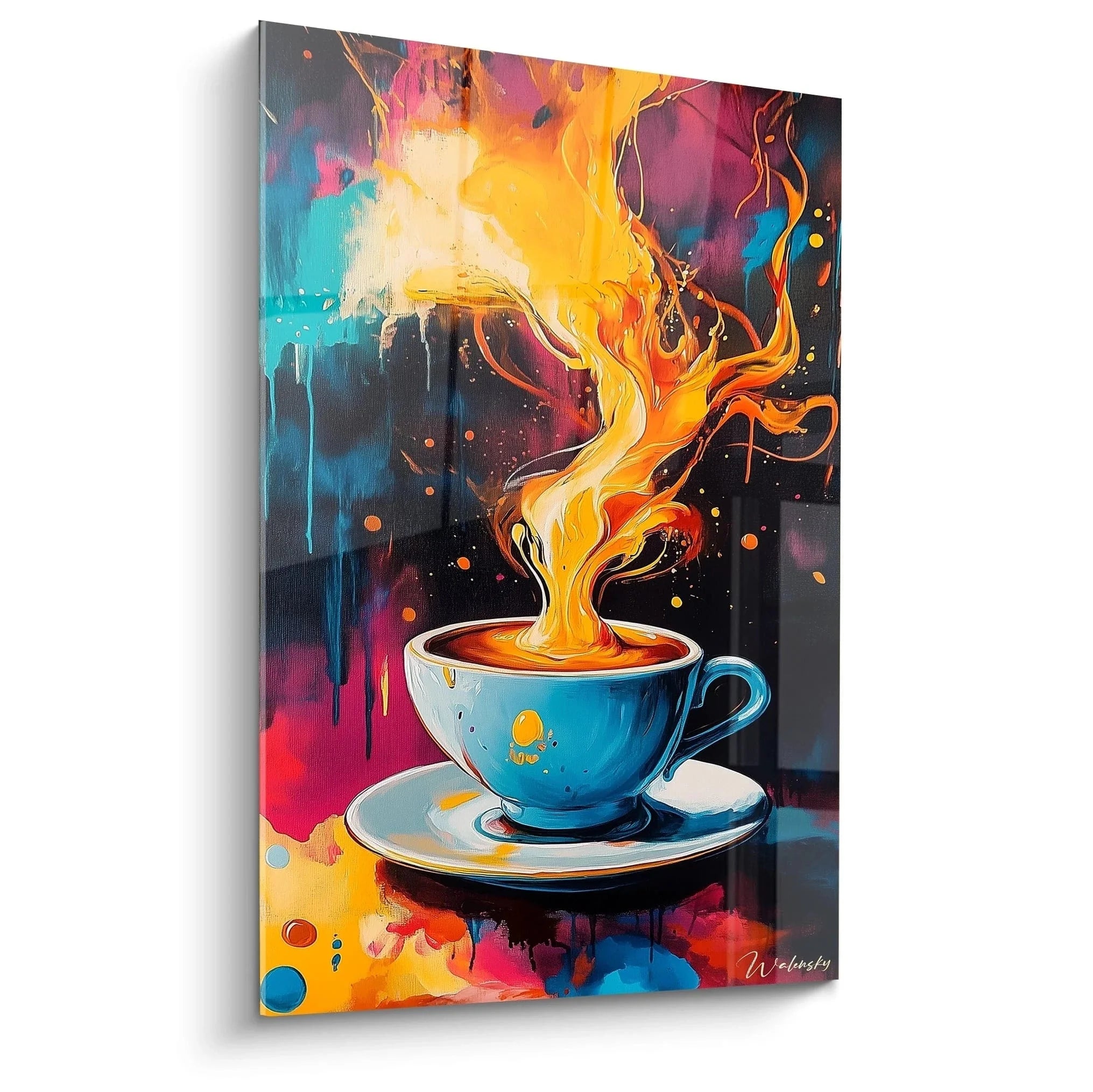 Wandbild abstrakte Kaffeetasse mit bunten Flammen und Farbexplosion - moderne Kaffee Kunst