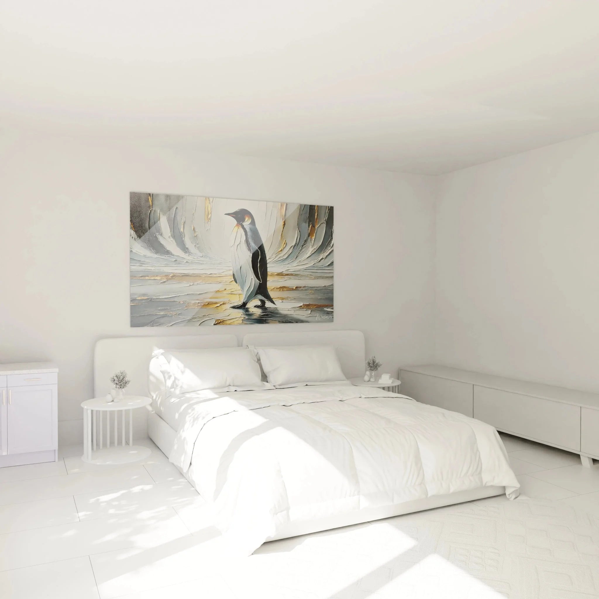 Wandbild Pinguin Kaiserpinguin in modernem Schlafzimmer als stilvolle Wanddekoration inszeniert