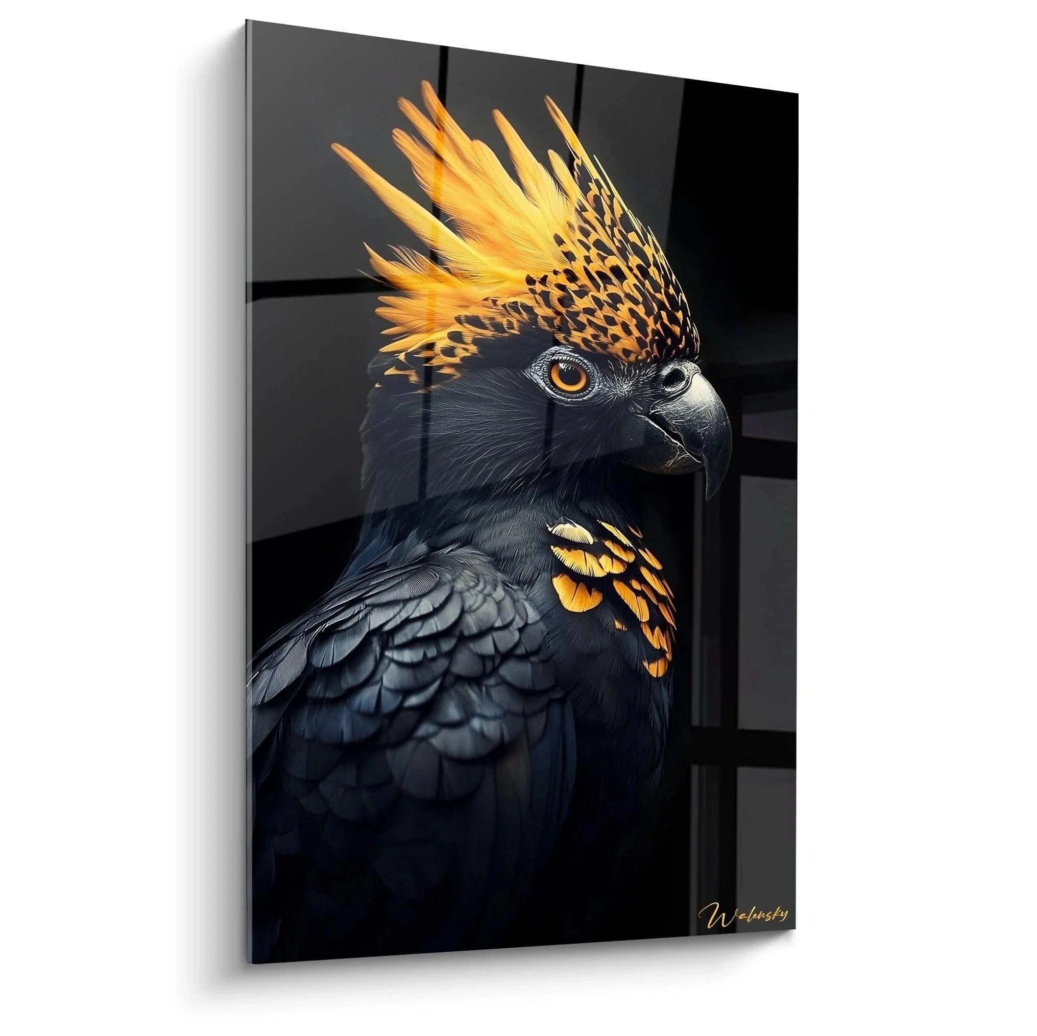 Wandbild schwarzer Kakadu mit goldener Federkrone - Premium Vogelkunst für moderne Wohnräume