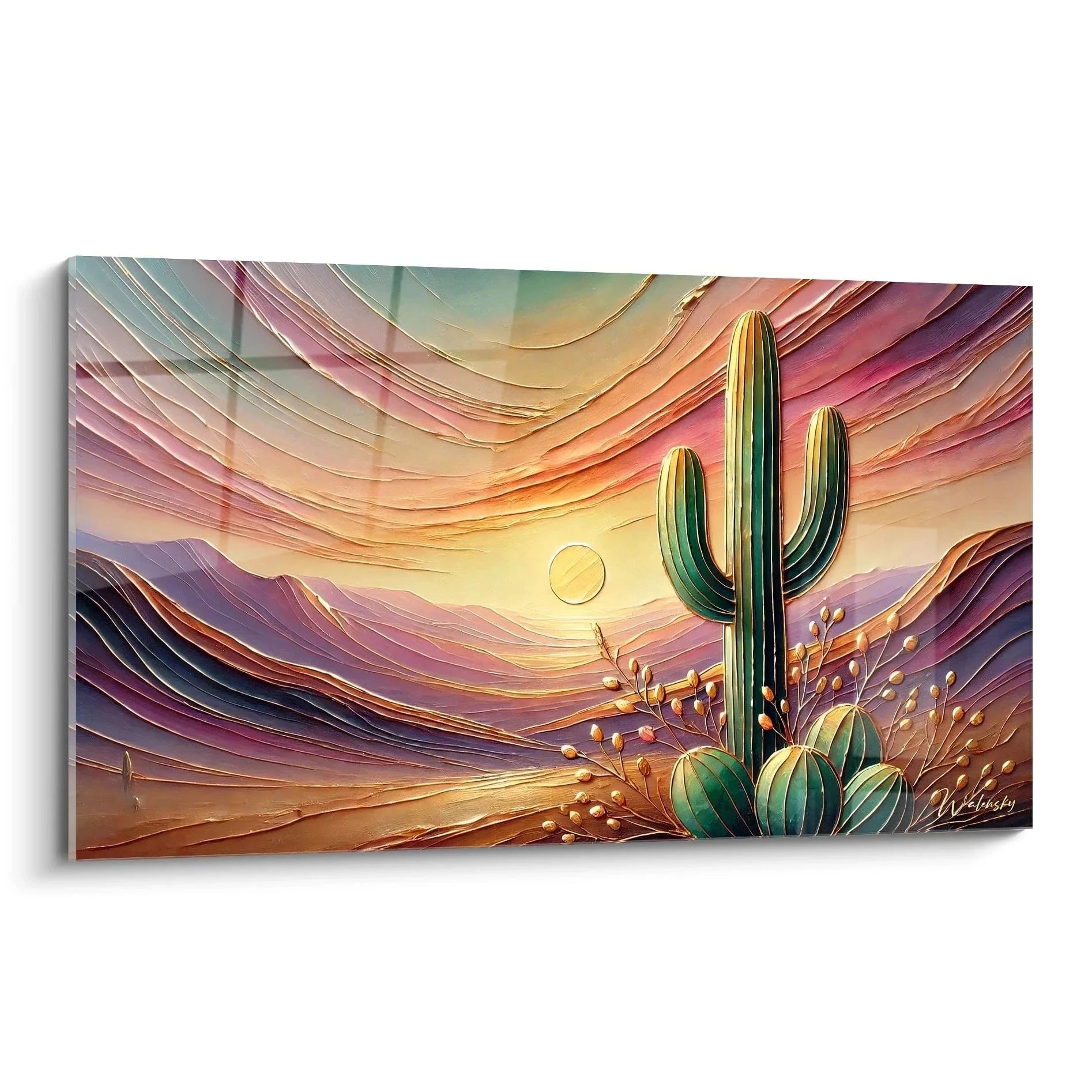 Wandbild Kaktus mit Sonnenuntergang in abstrakten Wüstenlandschaft, Southwest Style Wandkunst XXL