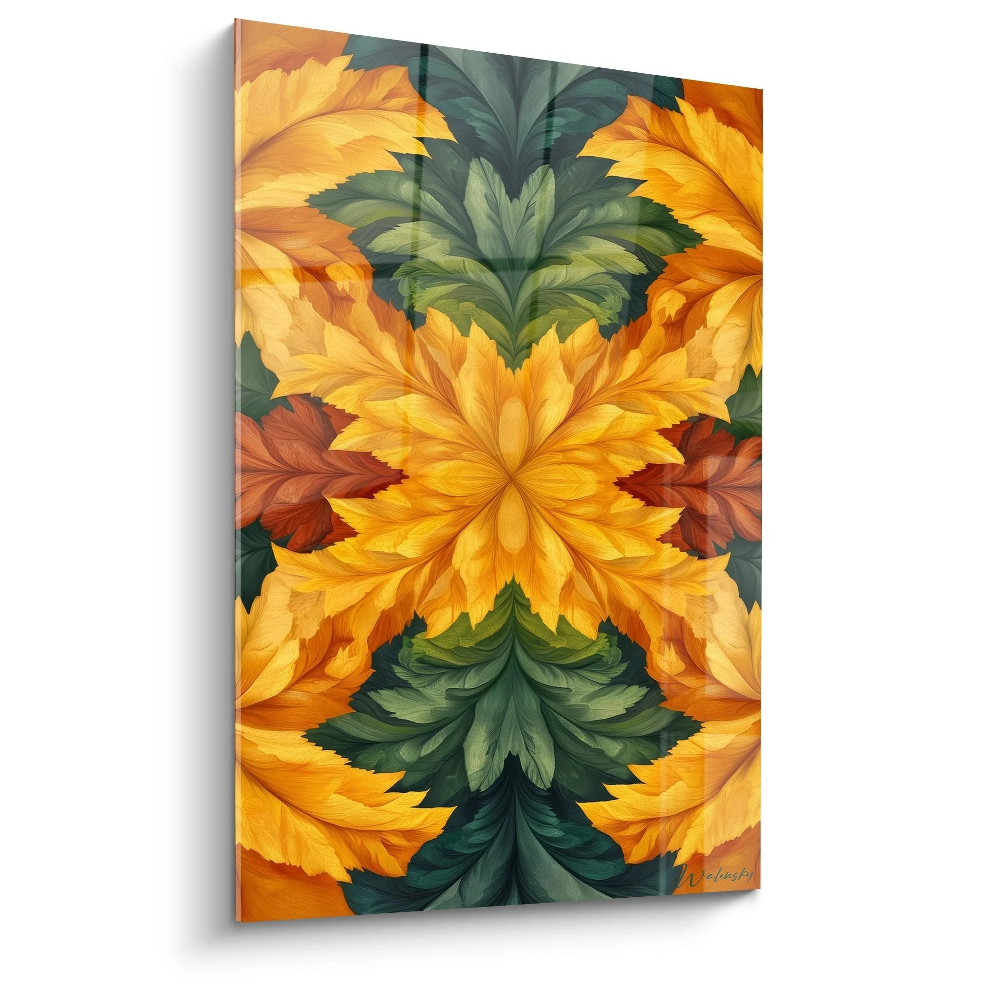 Wandbild Kaleidoskop mit herbstlichen Blättern in Orange und Grün, symmetrische Fraktal-Komposition