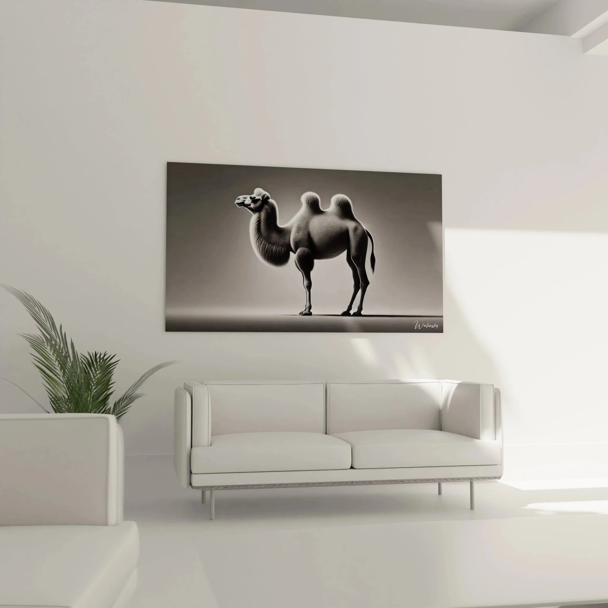 Nahaufnahme Wandbild Kamel - Detailreiche Darstellung eines Dromedars in monochromer Ästhetik