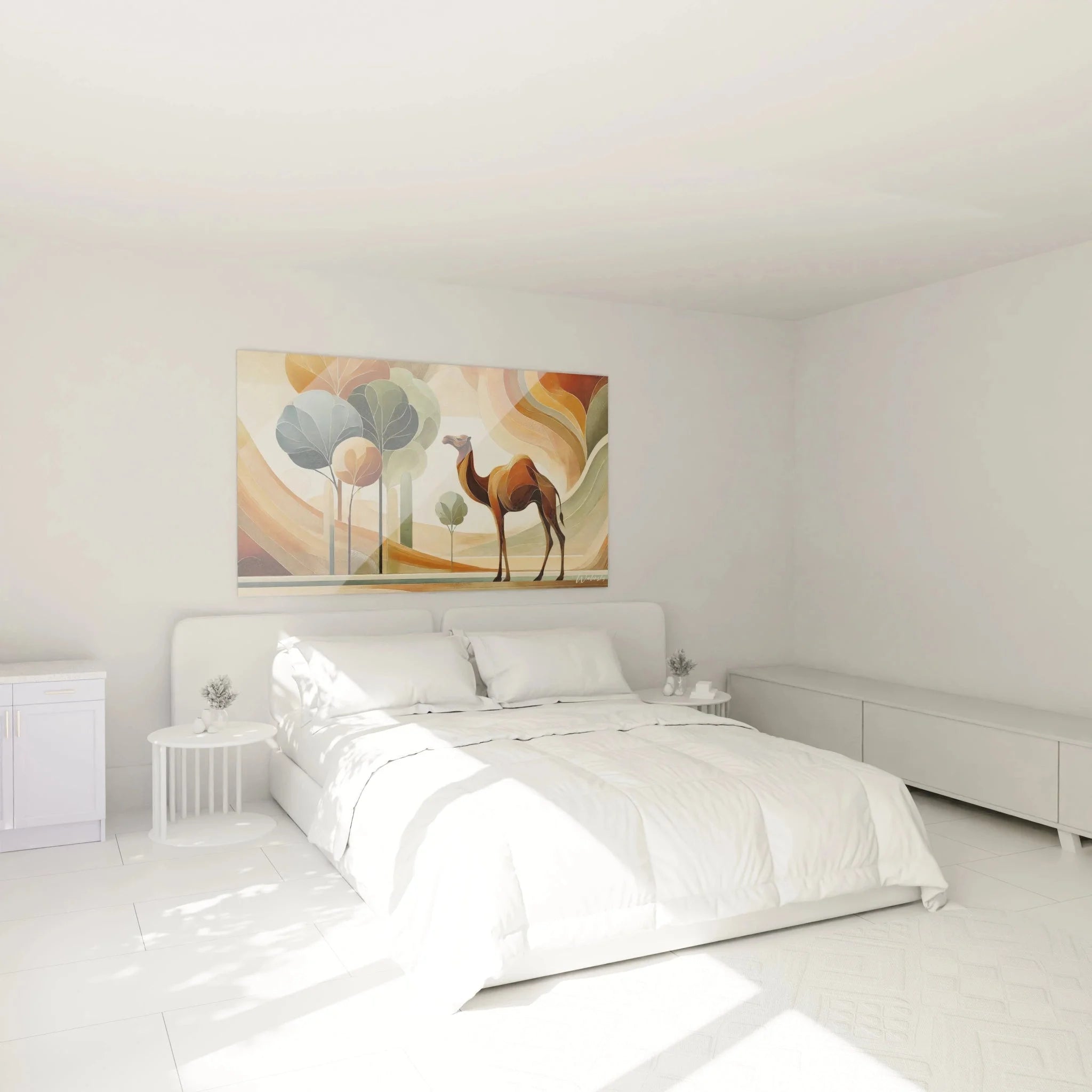 Modernes Wandbild Kamel in Schlafzimmer Ambiente mit abstrakten Wüstenmotiven und warmen Farben