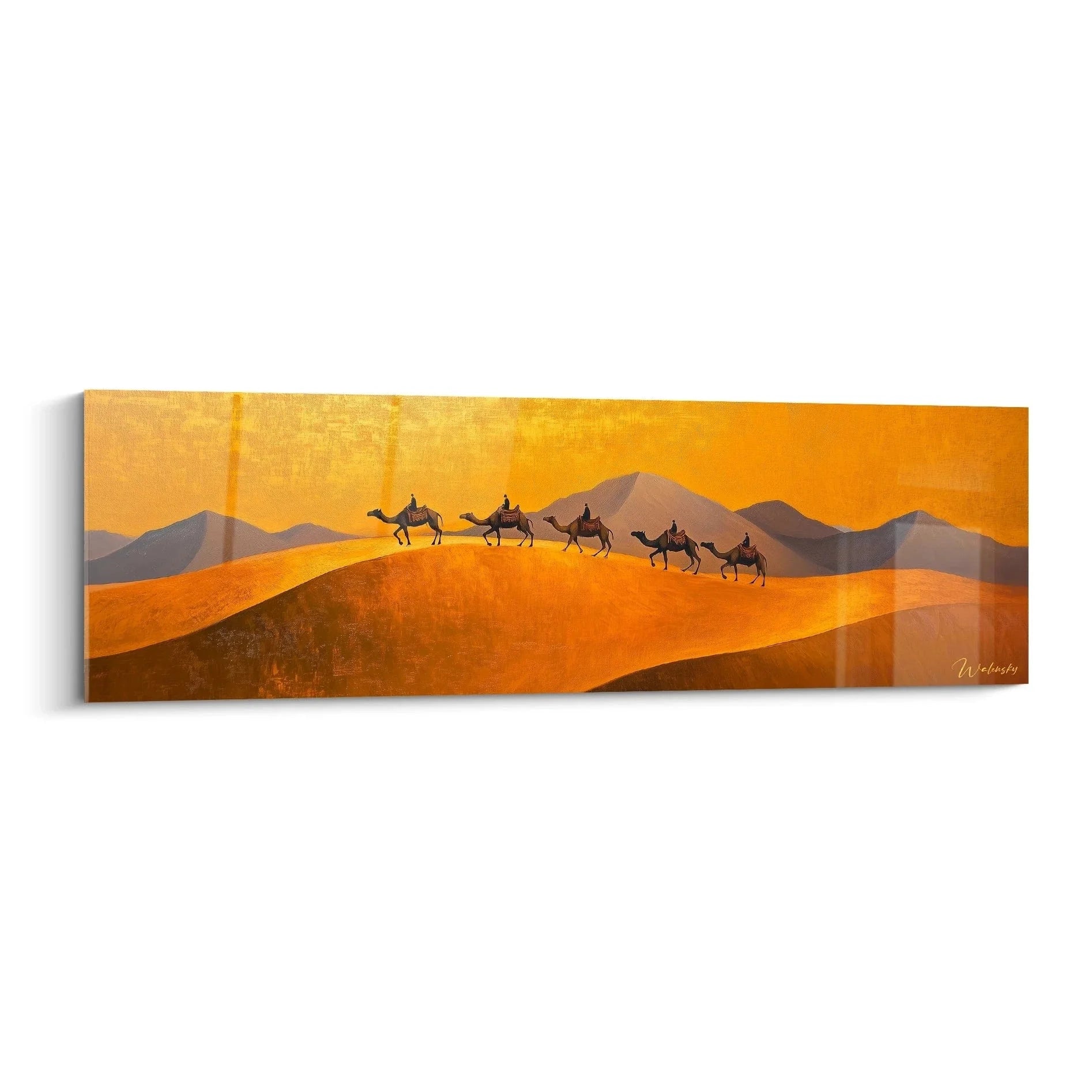 Wandbild Kamelkarawane in goldener Wüstenlandschaft mit Dromedaren vor Dünen im Sonnenuntergang