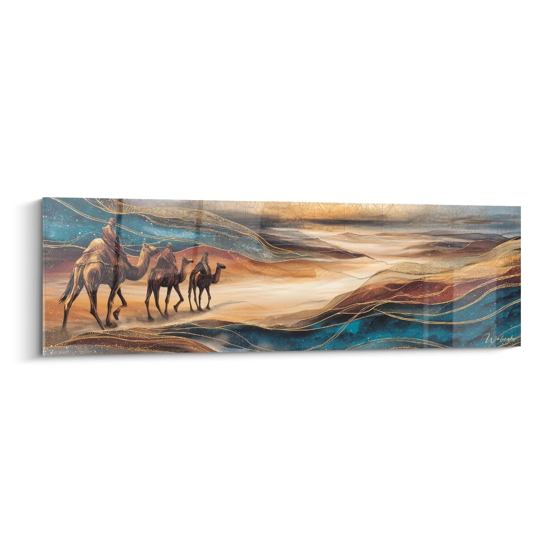 Wandbild Kamelkarawane Wüste mit Beduine und drei Kamelen in abstrakter Wüstenlandschaft