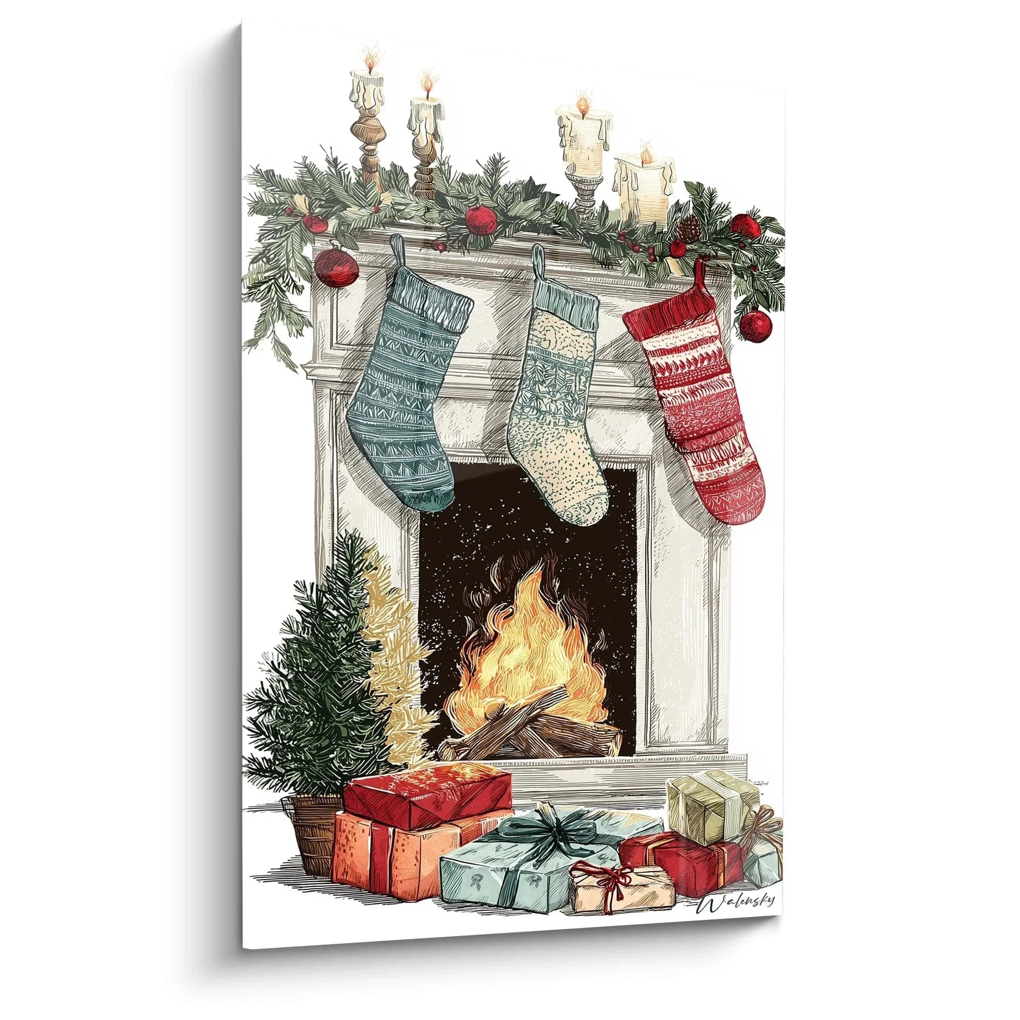 Wandbild Kamin Weihnachten mit Strümpfen, Geschenken und Tannengirlande - Edition Weihnachten