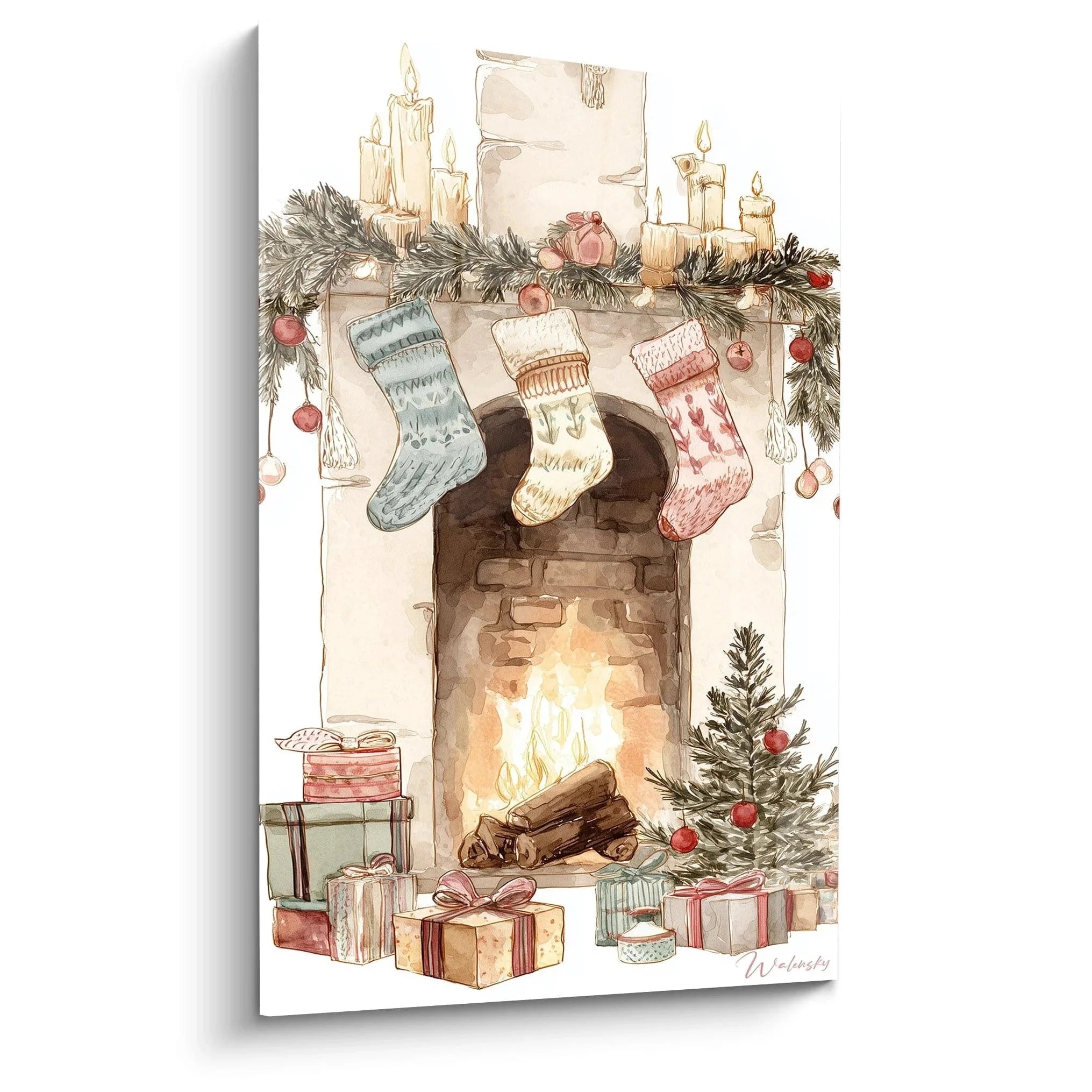 Wandbild Kamin Weihnachten mit Weihnachtsstrümpfen, Geschenken und loderndem Feuer