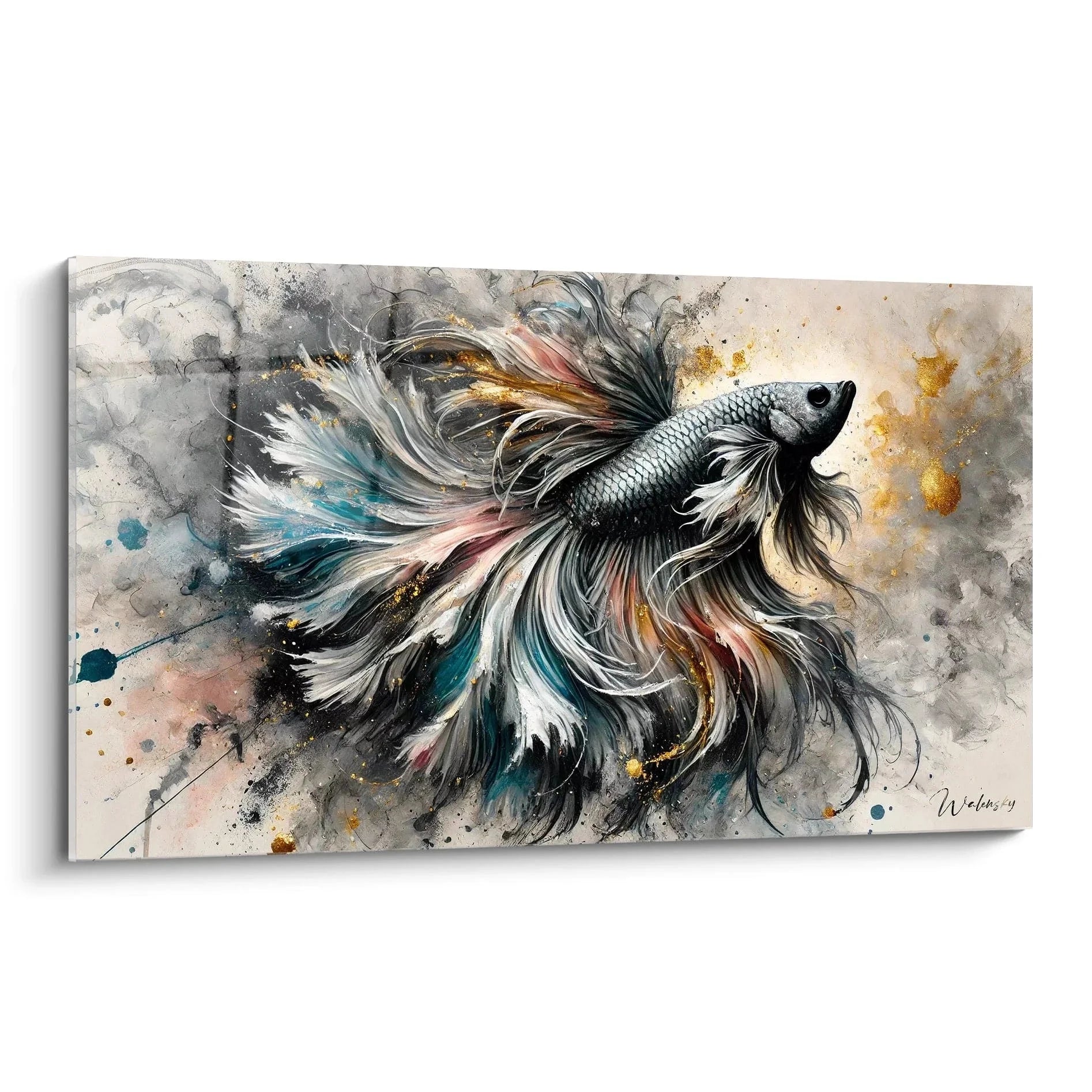 Wandbild Kampffisch Aquarell mit wirbelnden Flossen in türkis gold Farbtönen - Betta Fisch Wanddekoration