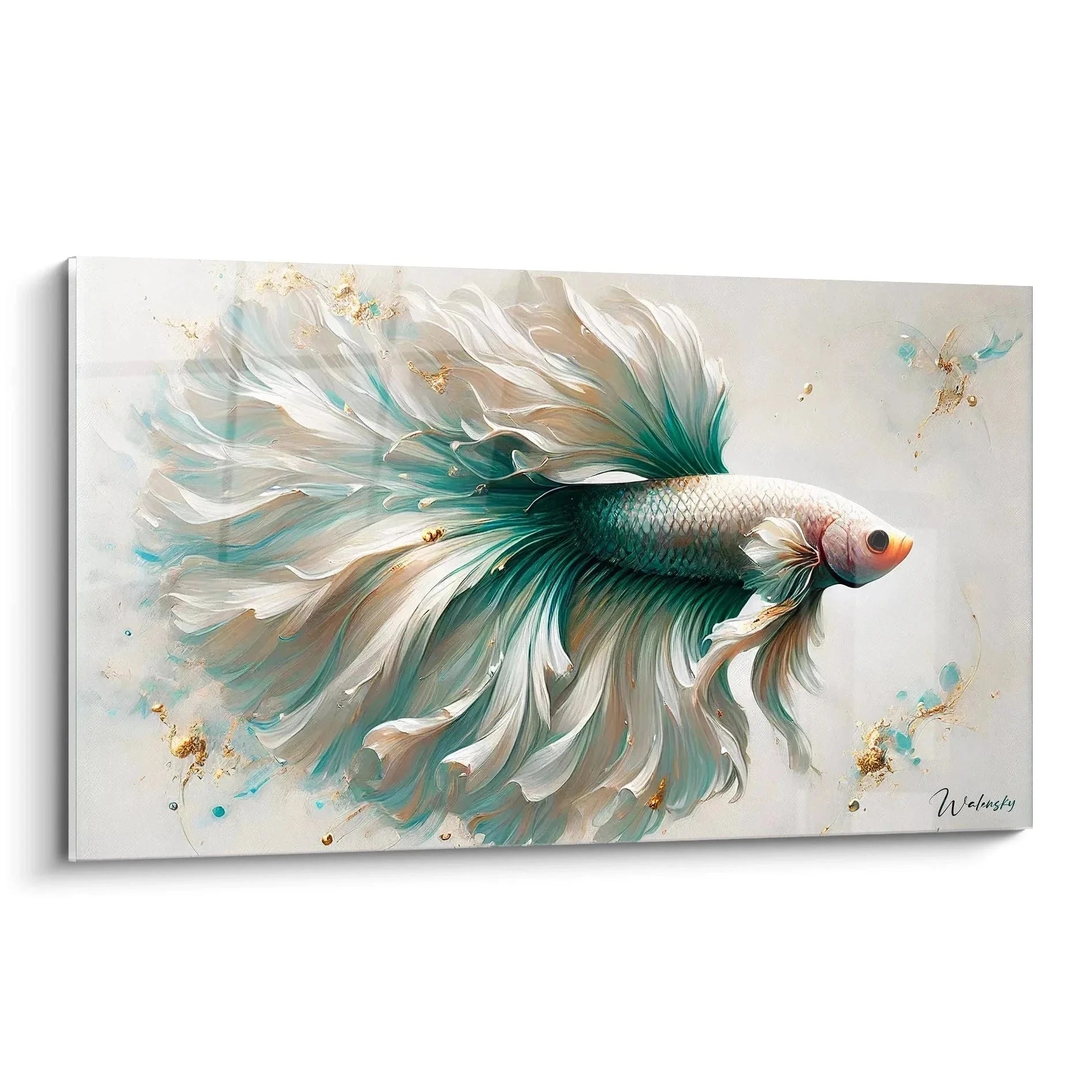 Wandbild Kampffisch türkis-weiß mit goldenen Akzenten, elegante Betta Splendens Darstellung