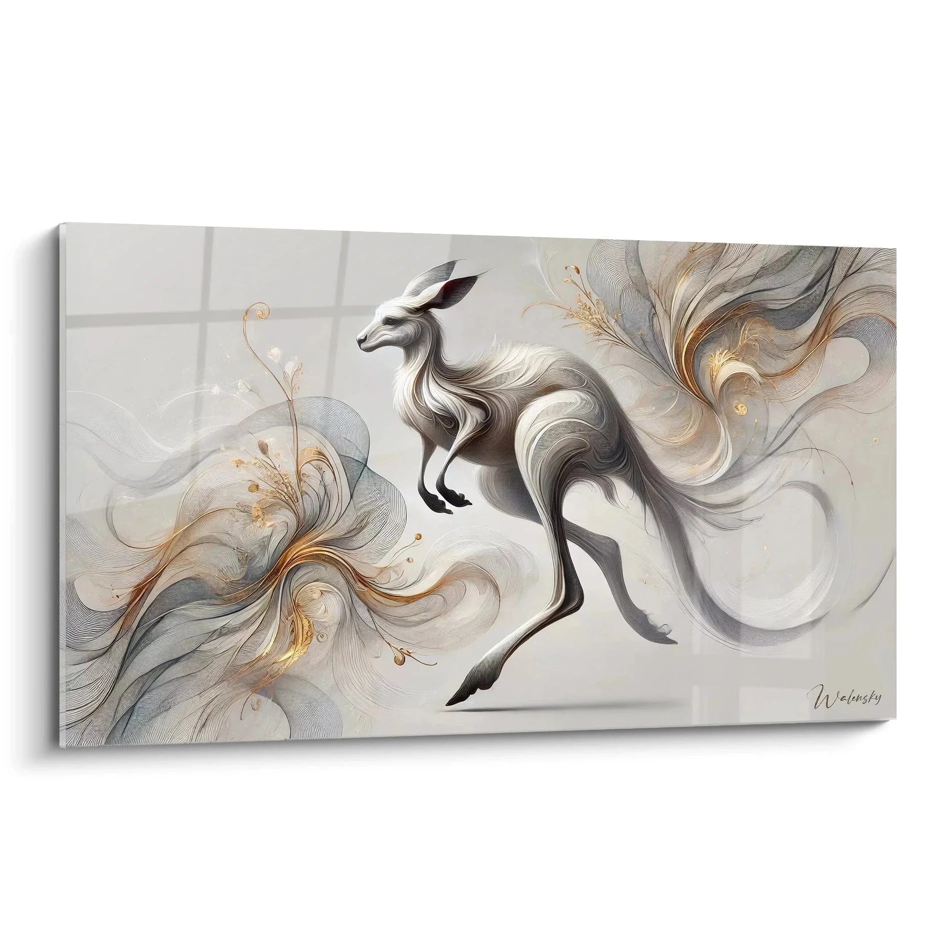 Elegantes Wandbild Känguru in Grau-Gold-Tönen mit abstrakten fließenden Linien für moderne Wanddekoration