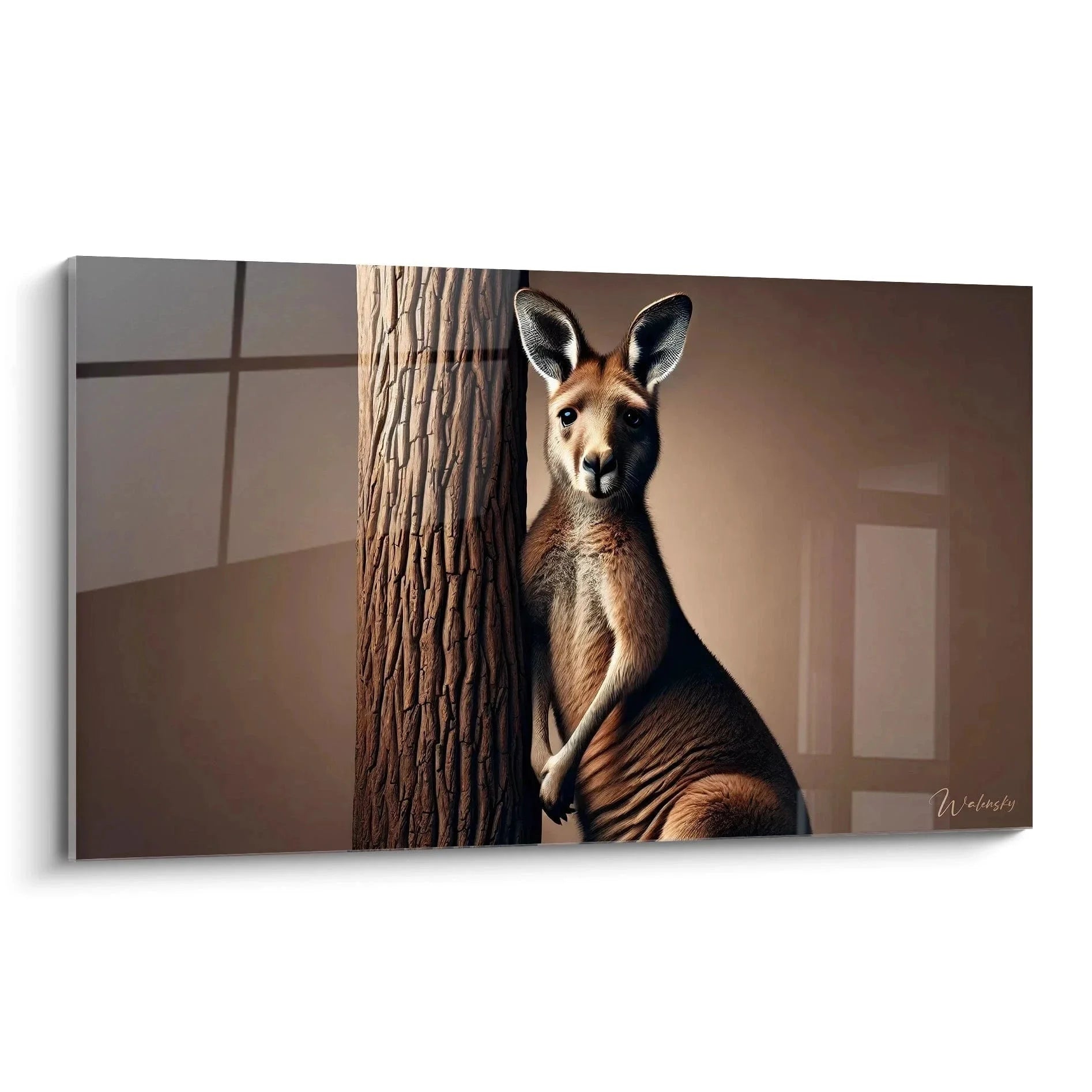 Wandbild Känguru in elegantem Innenraum neben Baumstamm - Surreale Tierkunst Edition Känguru