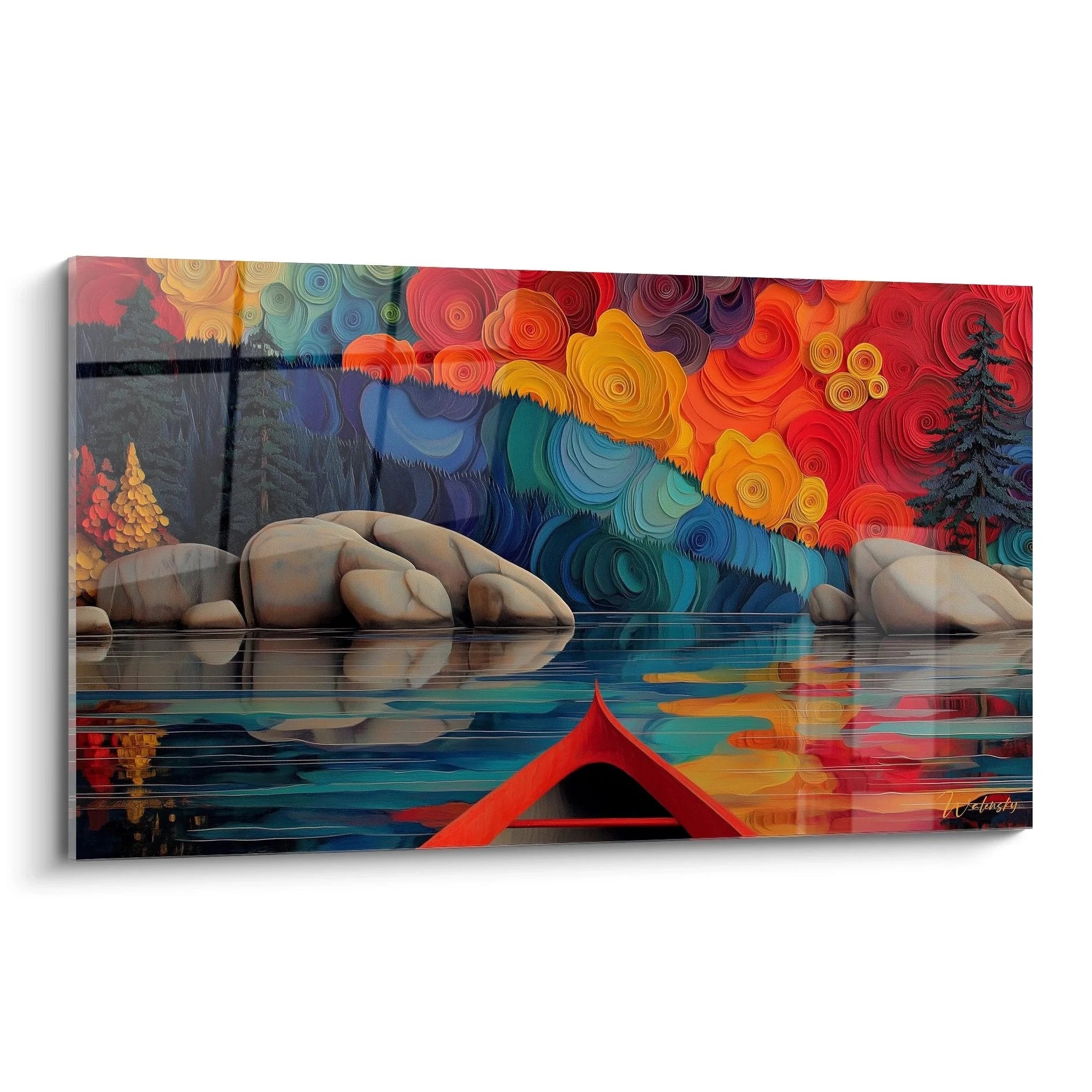 Wandbild Kanu am See mit surrealen spiralförmigen Himmel und Farbspiegelungen im Wasser